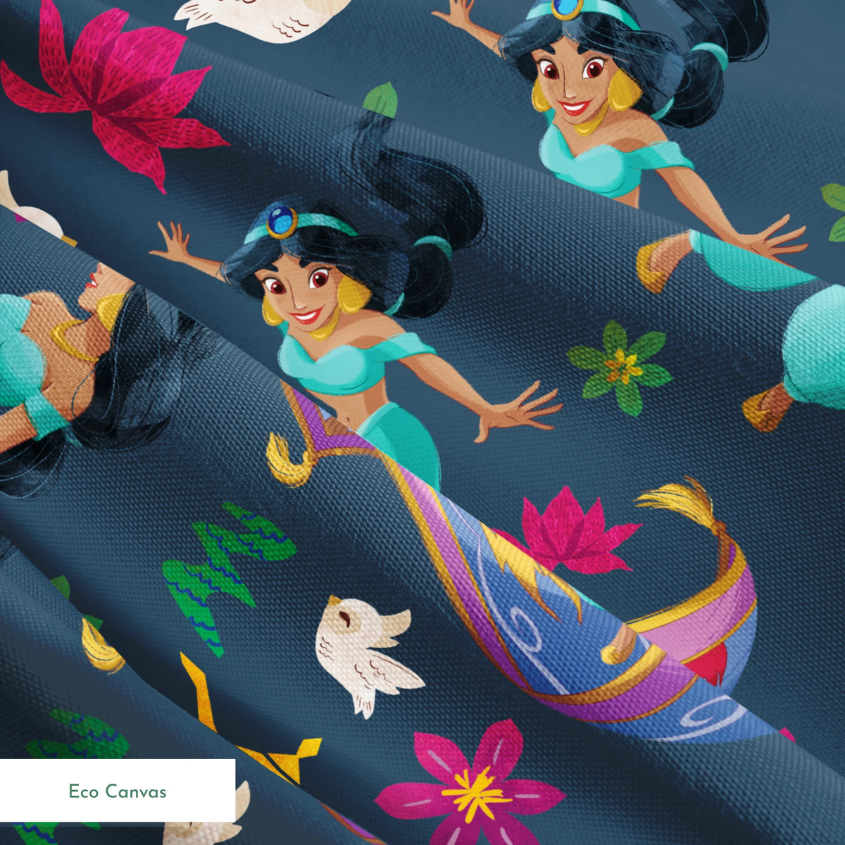 Animated characters in turquoise outfits flying on magic carpets with white doves, lotus flowers, and a golden lamp against dark background. springs ecocanvas texture