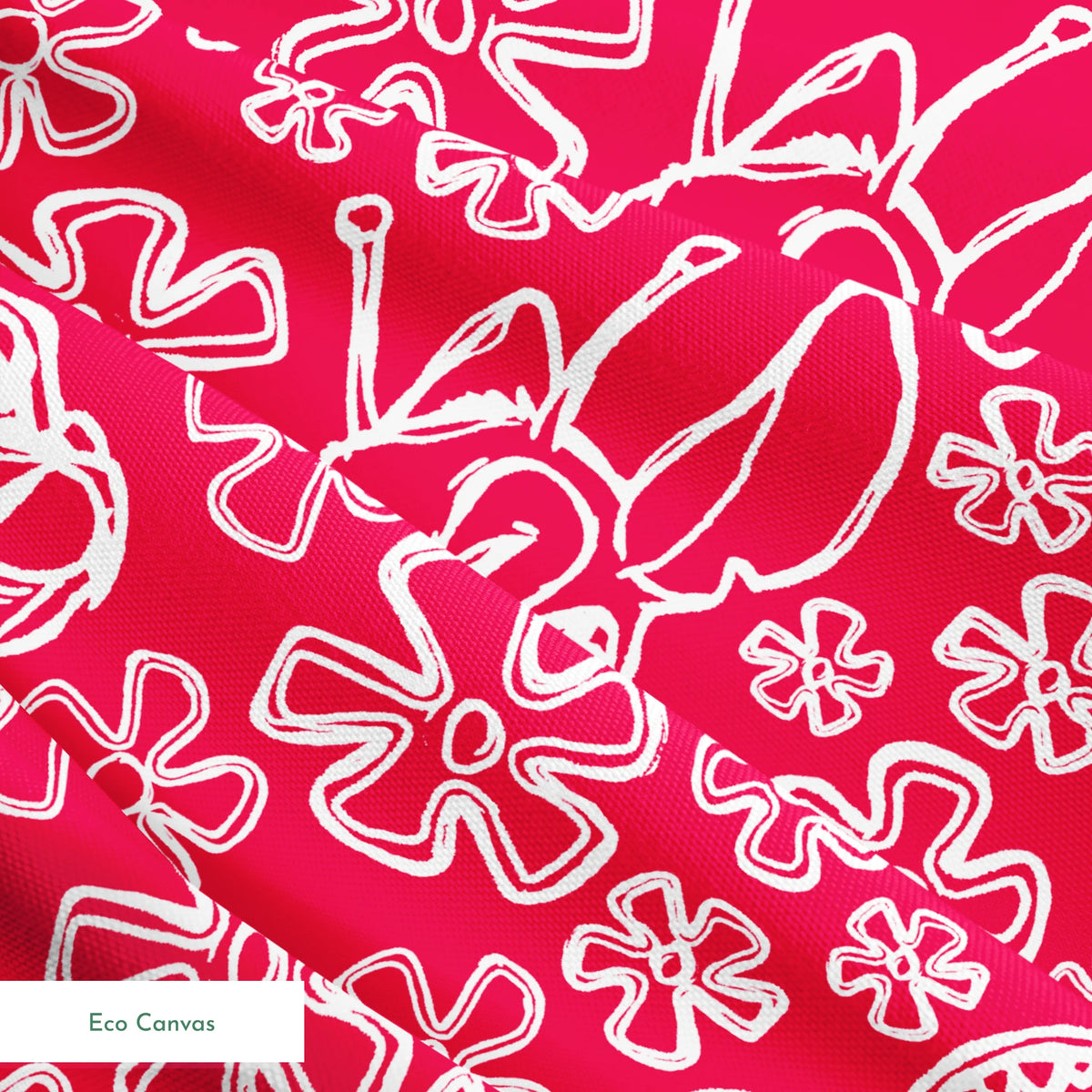 White flower doodles and Disney's Stitch on bright red background, hand-drawn style pattern springs ecocanvas texture