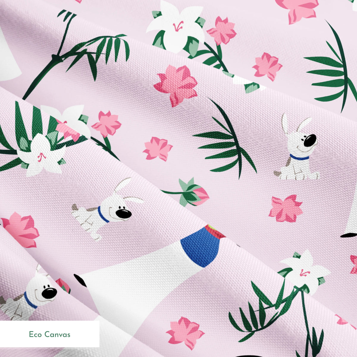 Illustrated pattern on light purple background with cartoon figures in white dresses, pink flowers, green palm leaves, and white rabbits. springs ecocanvas texture