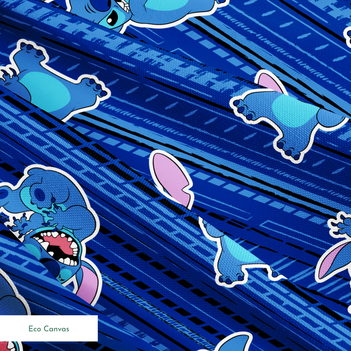 Blue background with Disney Stitch characters in various playful poses, featuring blue fur and pink ears springs ecocanvas texture