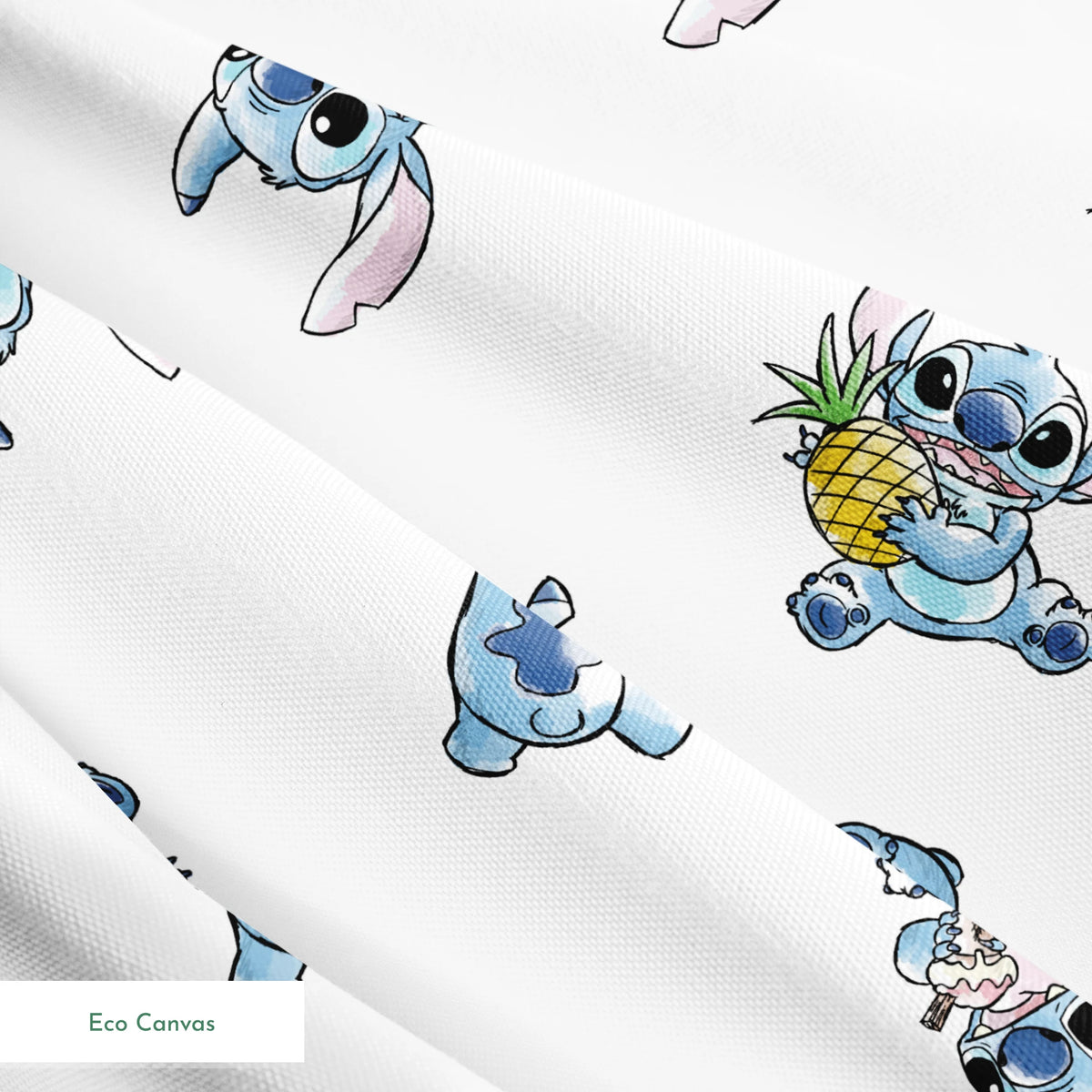 Disney's Stitch in various playful poses, some holding pineapples, on white background springs ecocanvas texture