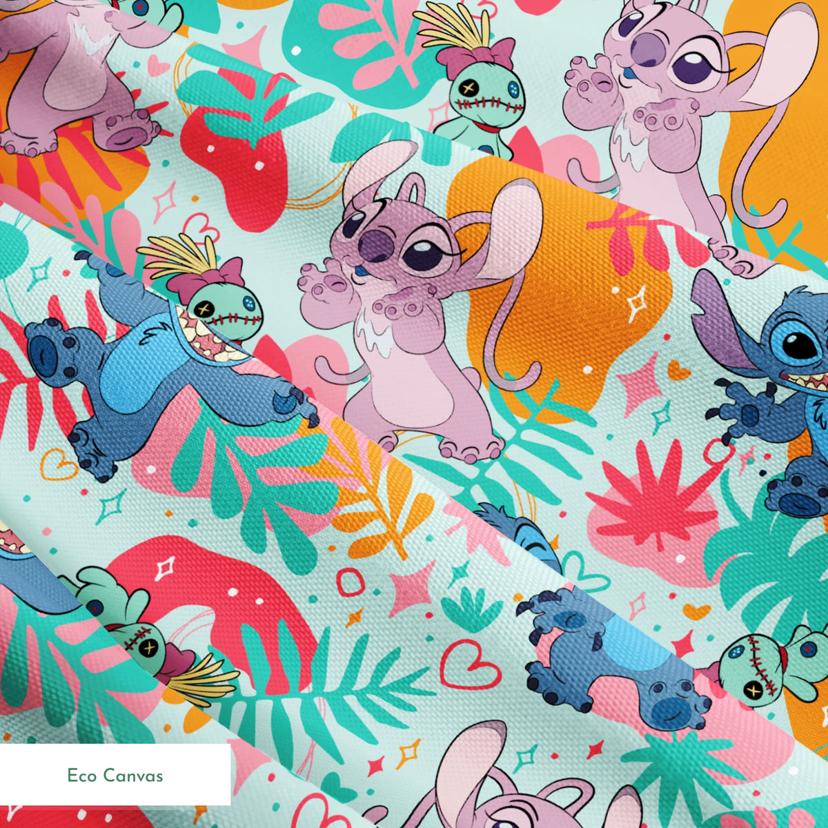 Colorful Stitch pattern with characters from Lilo & Stitch amid tropical leaves on turquoise background springs ecocanvas texture