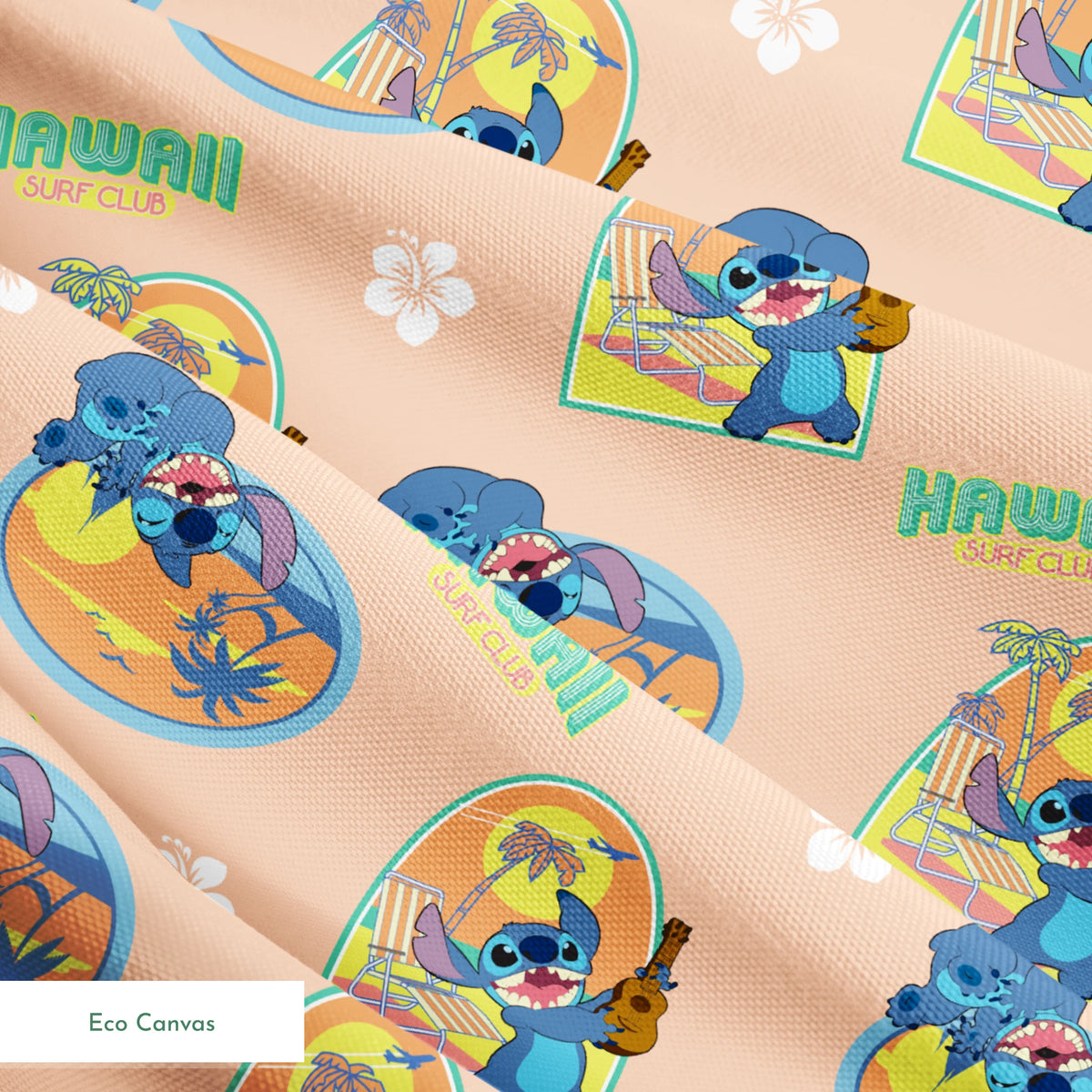 Disney's Stitch character on peach background with Hawaii-themed illustrations featuring surfboards, ukulele, and tropical imagery springs ecocanvas texture