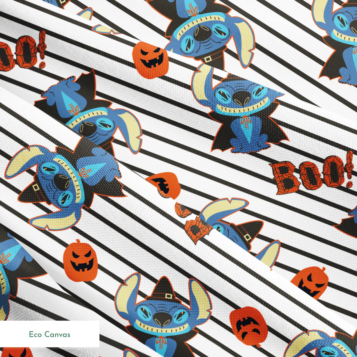 Disney's Stitch with witch hat alongside orange pumpkins on black and white striped background springs ecocanvas texture