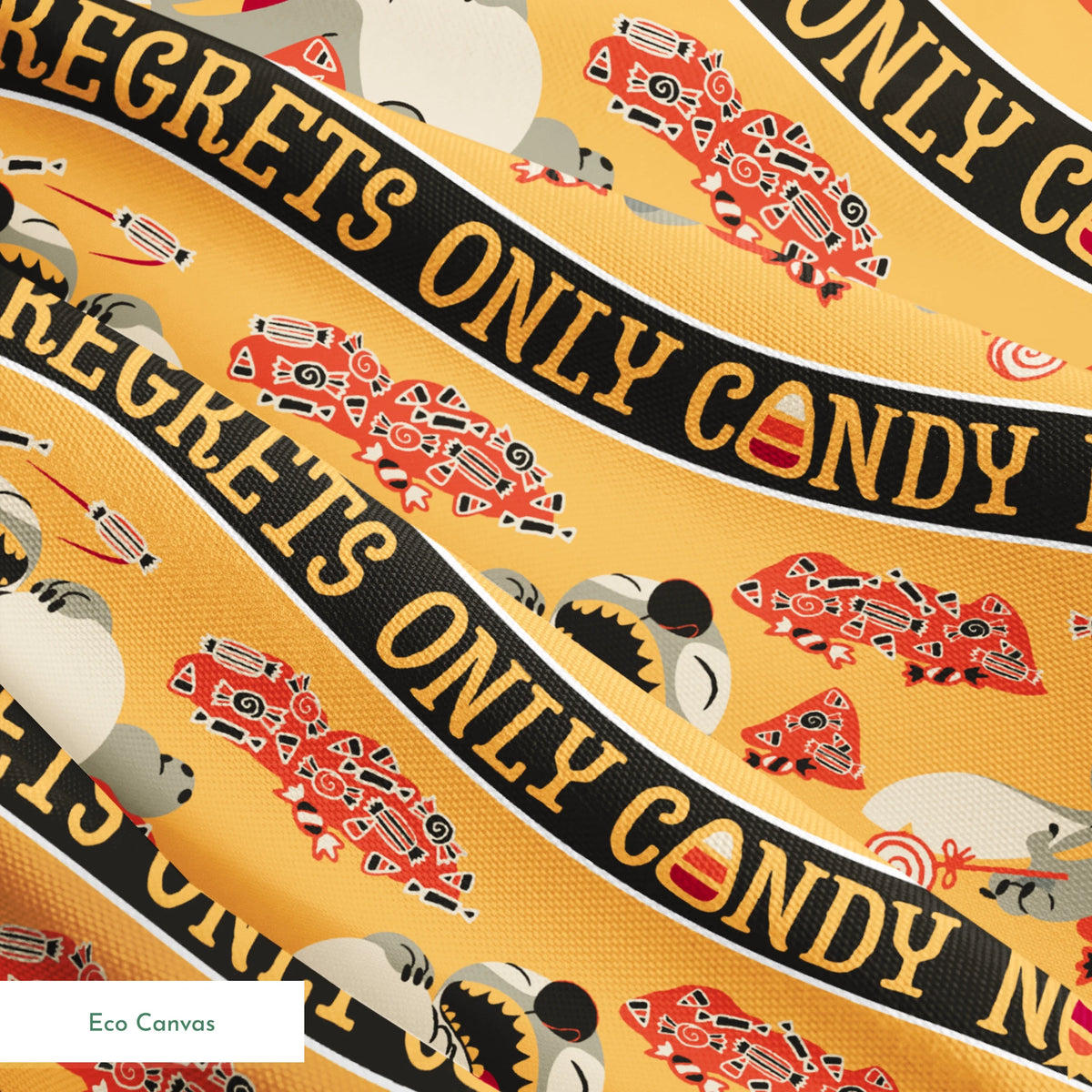 Repeating pattern with "NO REGRETS ONLY CANDY" text, featuring Disney's Stitch and candy corn on orange background. springs ecocanvas texture