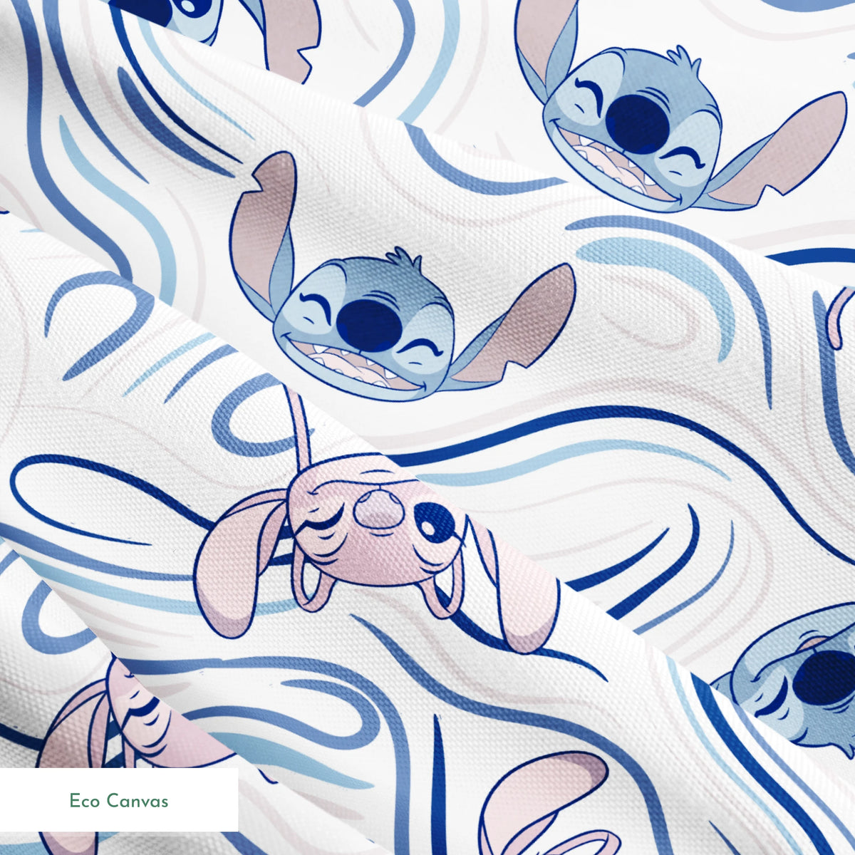 Blue alien character with large ears in various poses on swirling blue and white pattern background springs ecocanvas texture