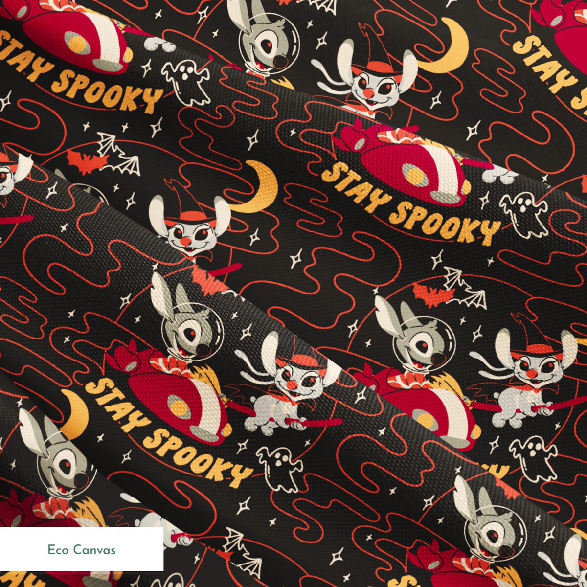 Repeating Halloween pattern with Stitch, "STAY SPOOKY" text, crescent moons, and swirling red lines on dark background. springs ecocanvas texture