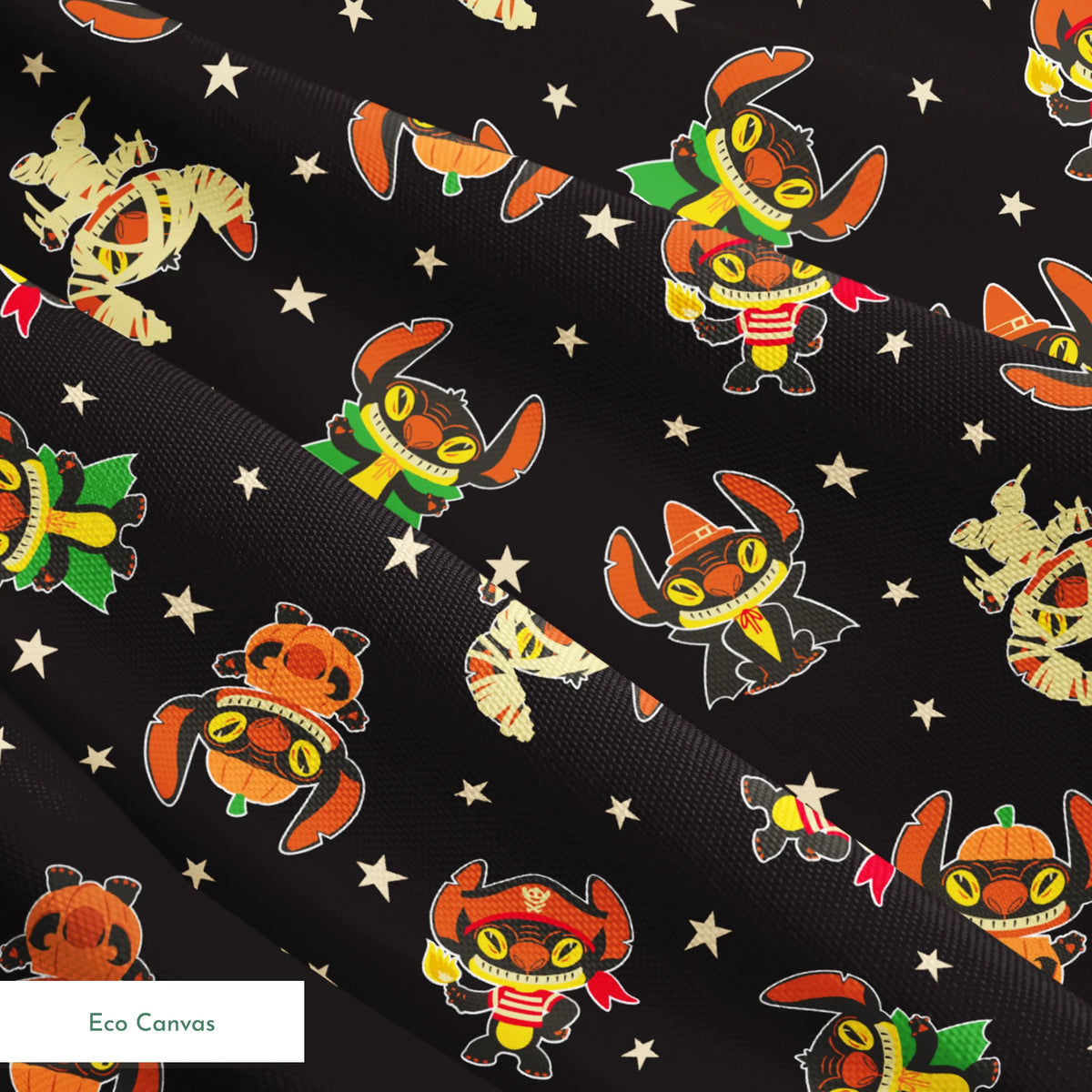 Pattern of Stitch in vibrant colors on black background with stars springs ecocanvas texture