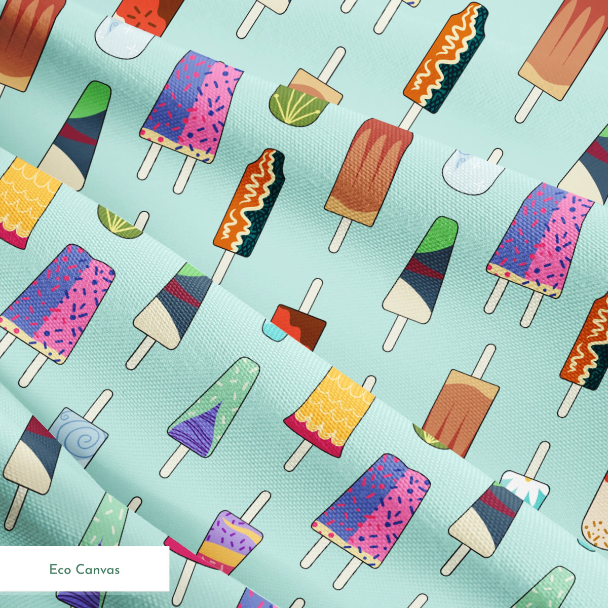Disney Princess popsicle pattern on light teal background with various ice cream designs and styles springs ecocanvas texture