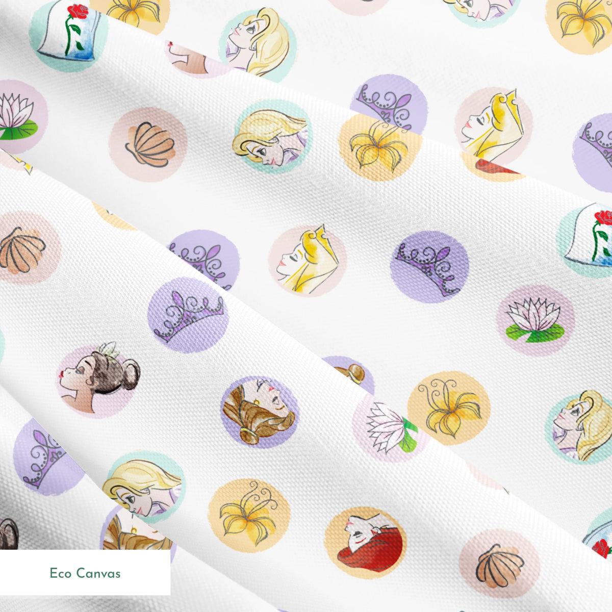 Colorful circular illustrations featuring Disney Princesses and symbols on white background springs ecocanvas texture
