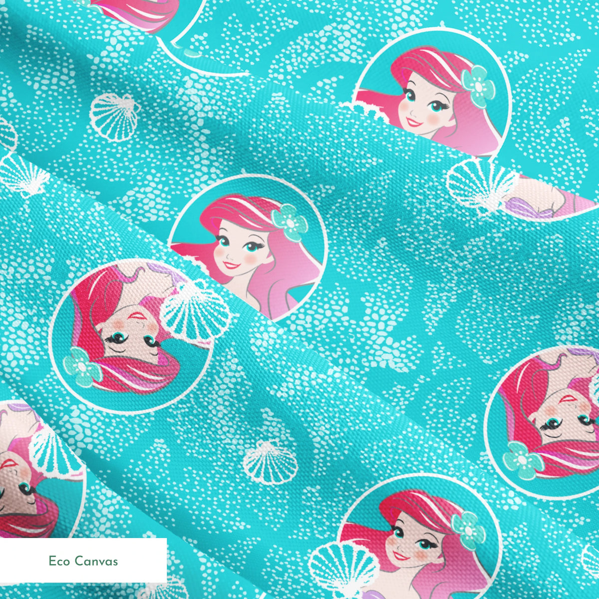 The Little Mermaid pattern with Ariel in turquoise circles on aqua background with seashells springs ecocanvas texture