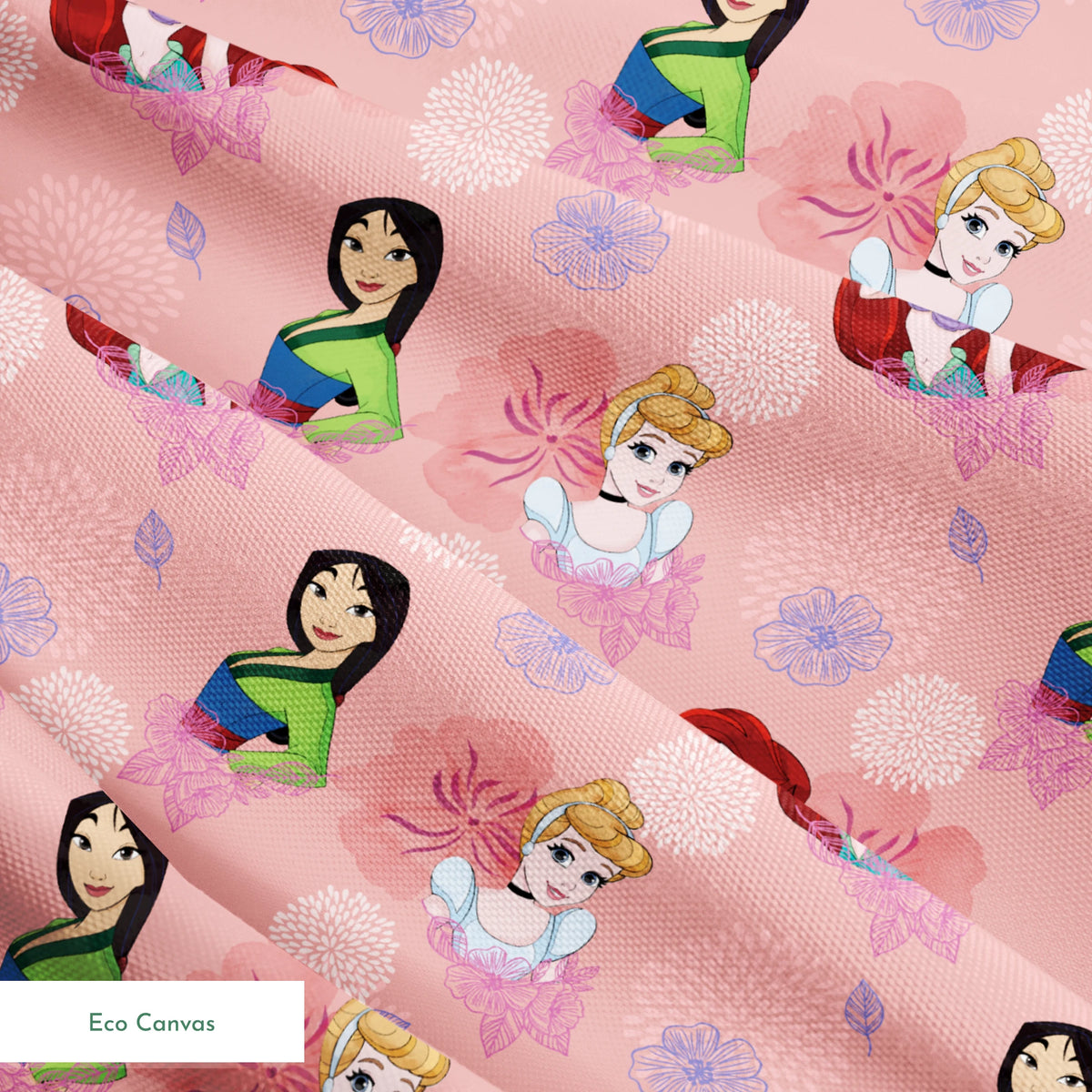 Disney princess characters on pink floral background with delicate flower patterns springs ecocanvas texture