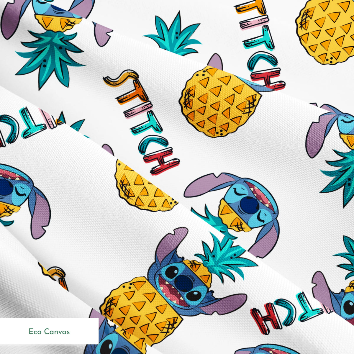Colorful pattern of cartoon blue creatures with long ears inside pineapples, with "Stitch" text springs ecocanvas texture