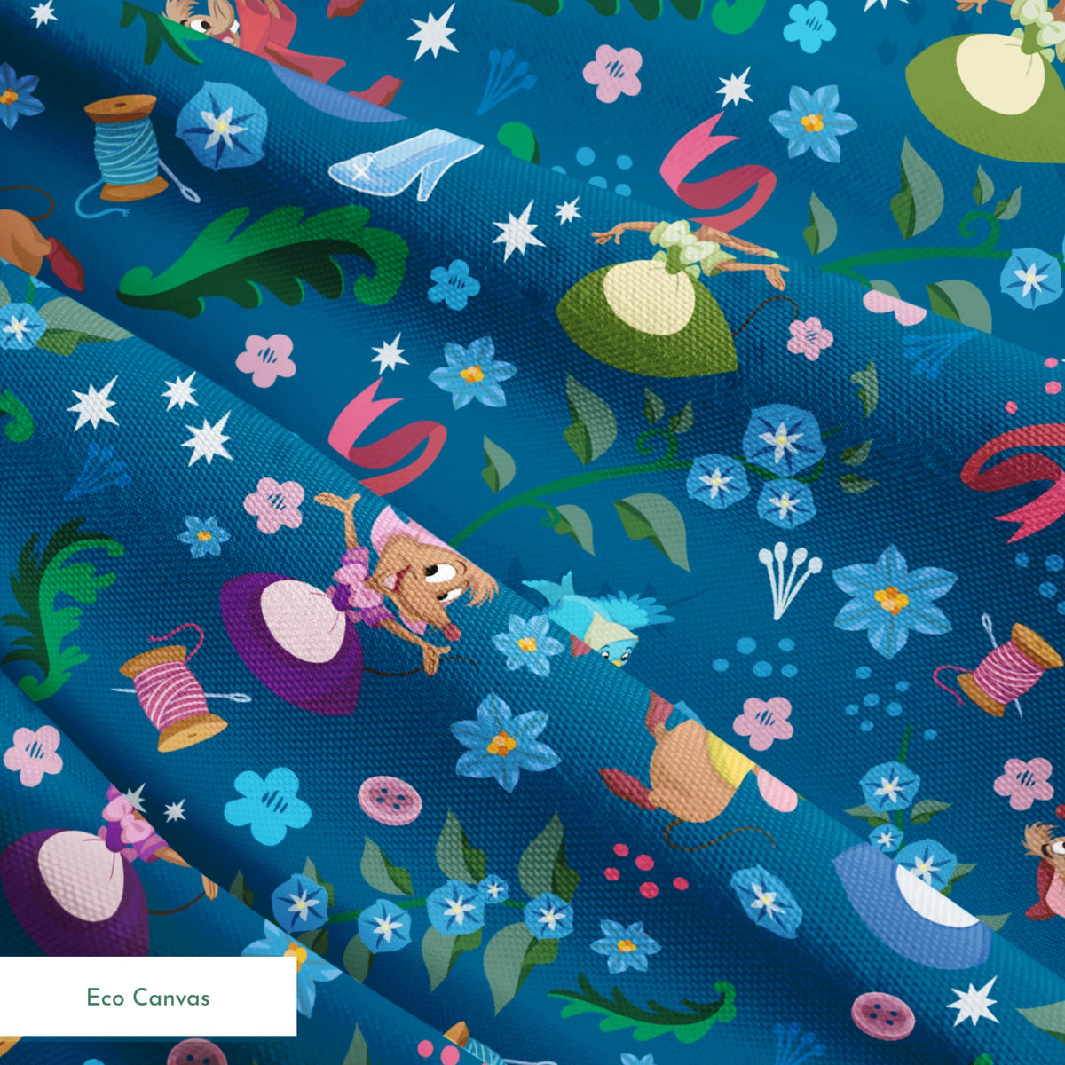Colorful fairy tale pattern with mice, glass slippers, pumpkins, and floral elements on deep blue background springs ecocanvas texture
