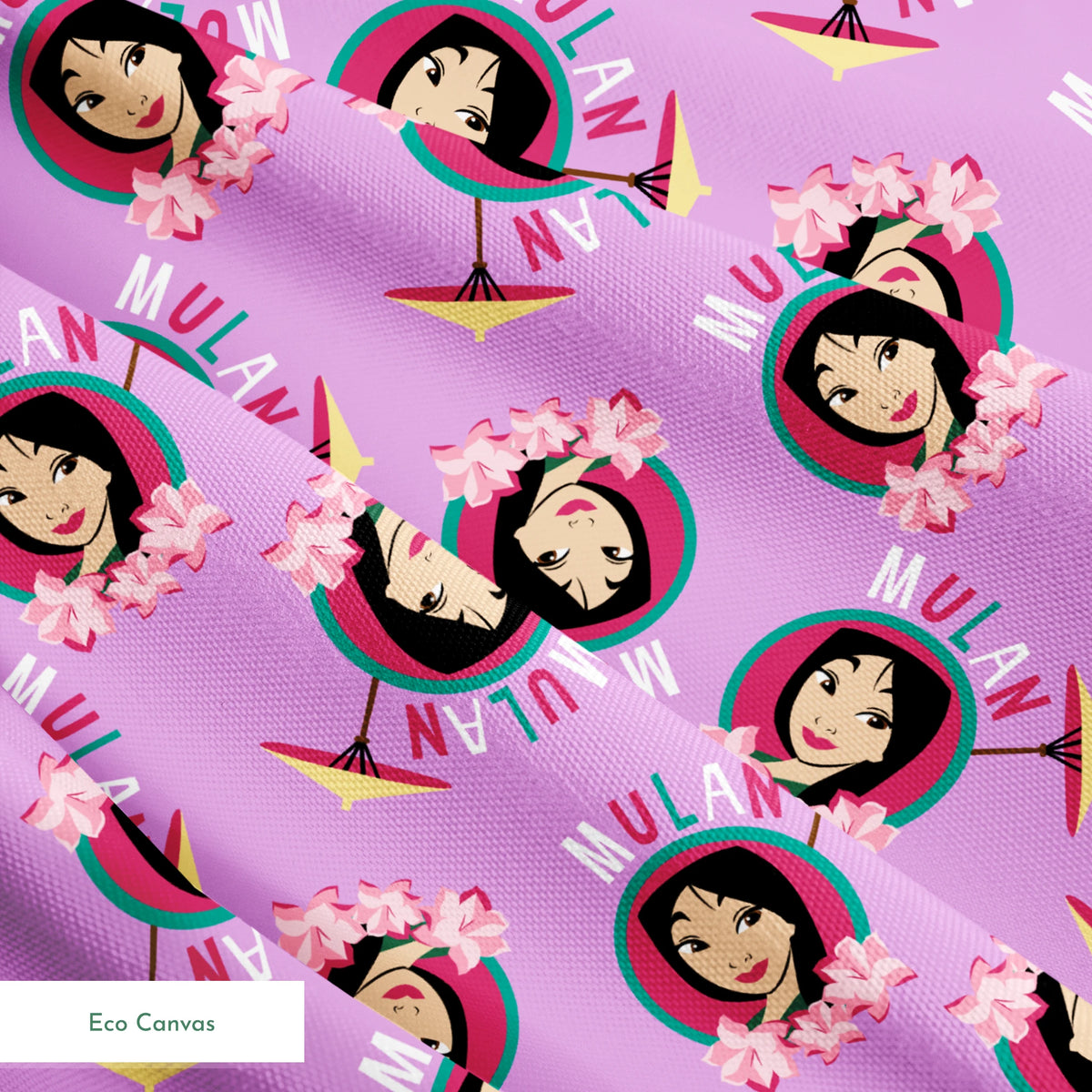 Animated character portrait pattern on purple background with pink flowers and yellow parasols springs ecocanvas texture