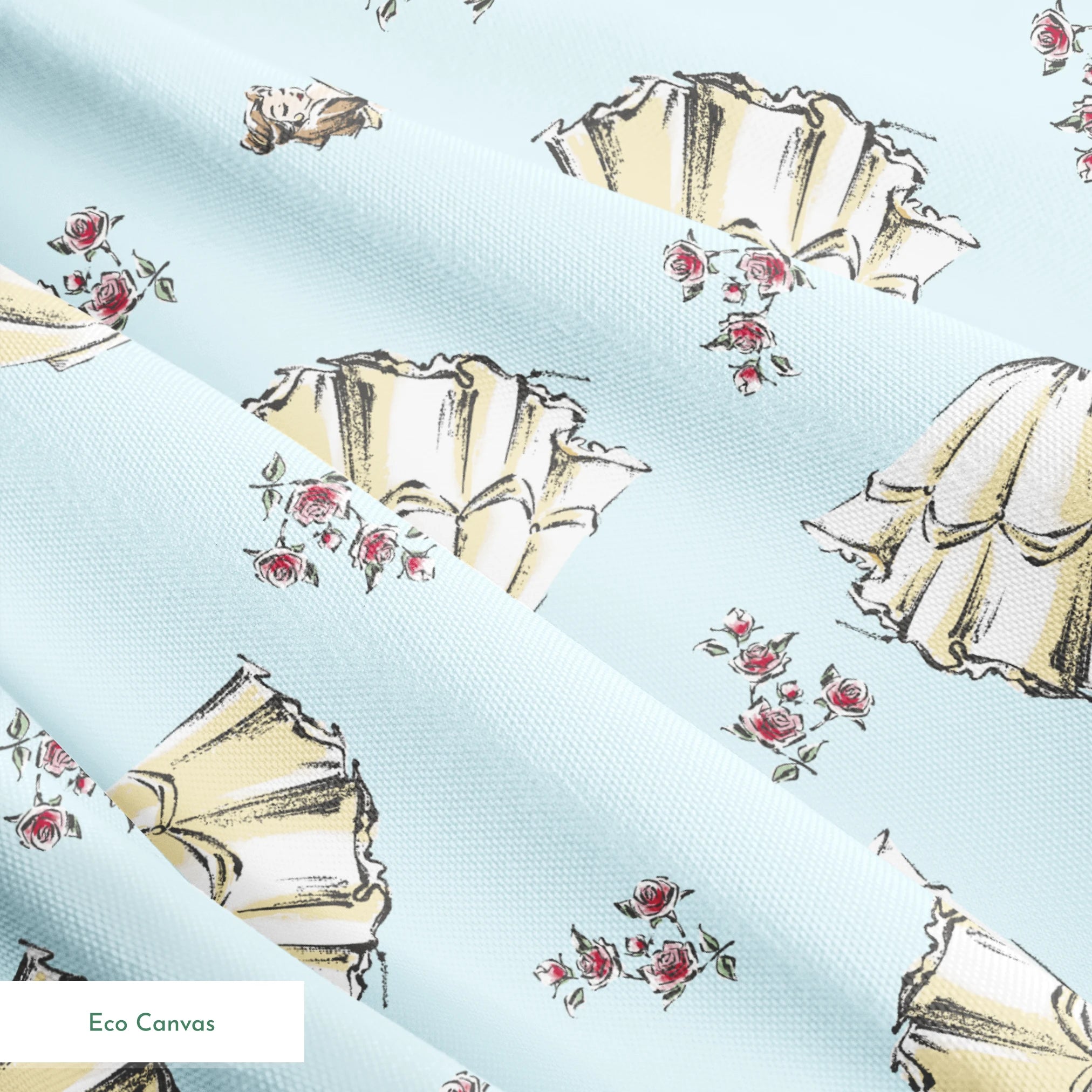 Light yellow pleated bell-shaped objects with small pink floral accents scattered on pale blue background springs ecocanvas texture