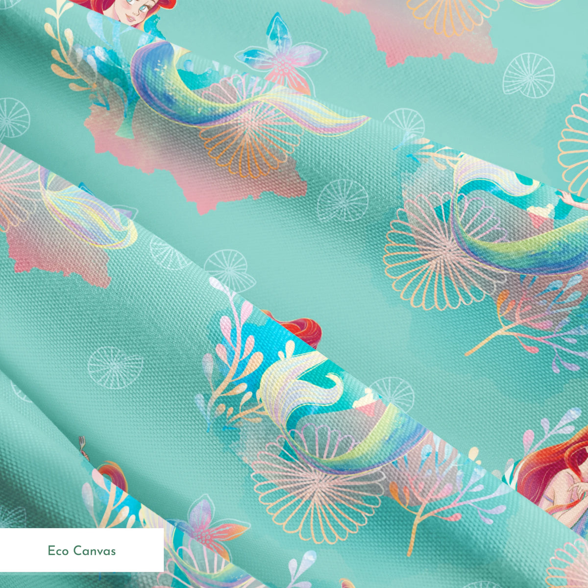 Whimsical teal pattern featuring mermaids with red hair, seashells, starfish, and coral in pastel colors springs ecocanvas texture