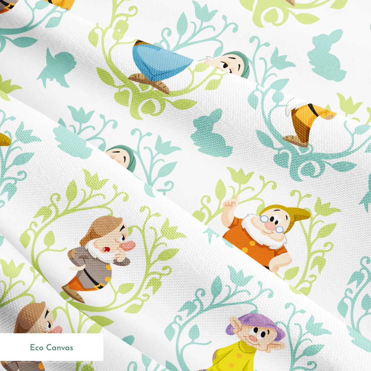 Cartoon pattern of Snow White's seven dwarfs in decorative floral frames on light background springs ecocanvas texture