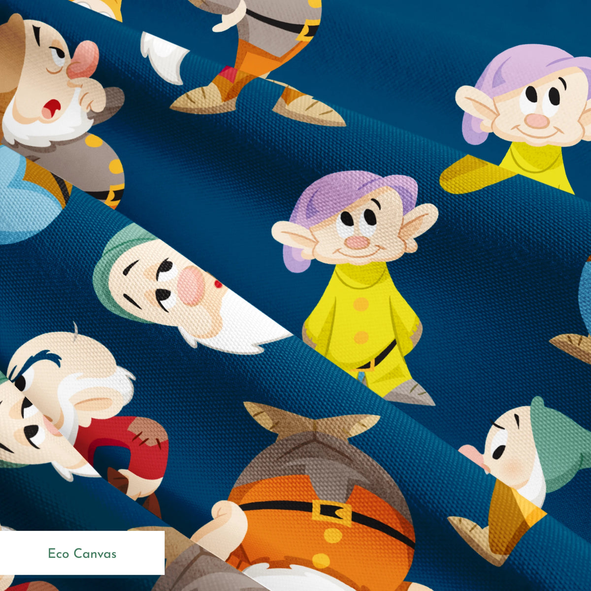Colorful pattern of cartoon dwarfs in various outfits and poses on a deep blue background springs ecocanvas texture