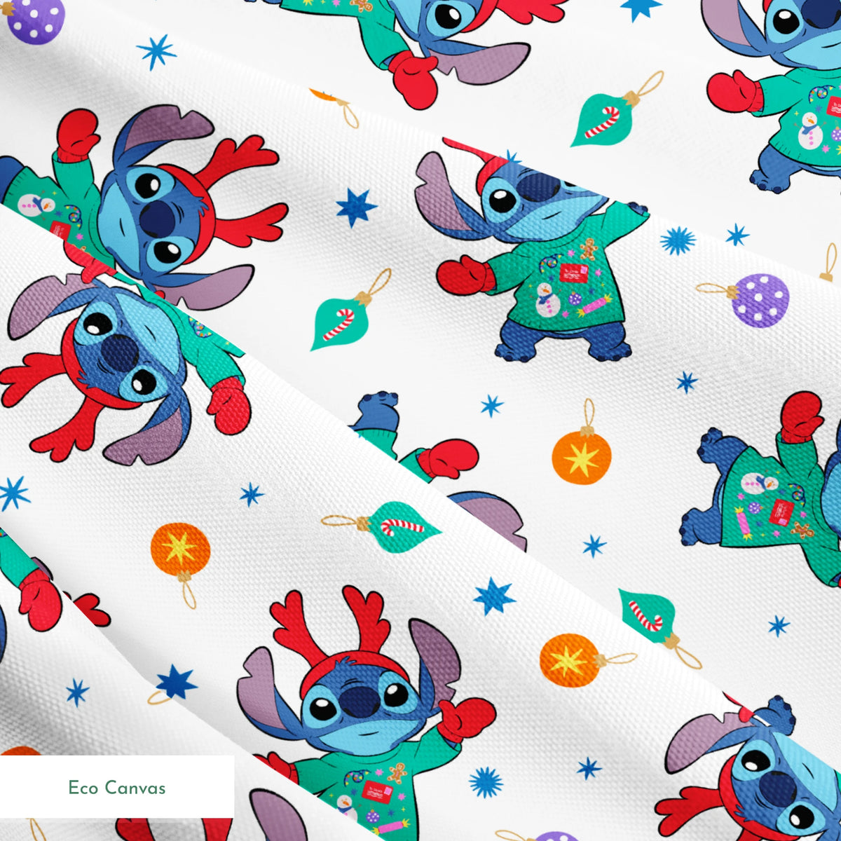 Disney's Stitch wearing green Christmas sweater and red scarf in repeating pattern with ornaments and stars. springs ecocanvas texture
