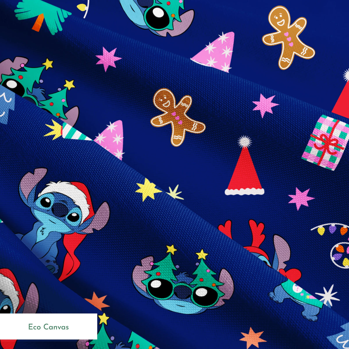 Festive Christmas pattern with Stitch, trees, candy canes, presents, and gingerbread men on navy background springs ecocanvas texture