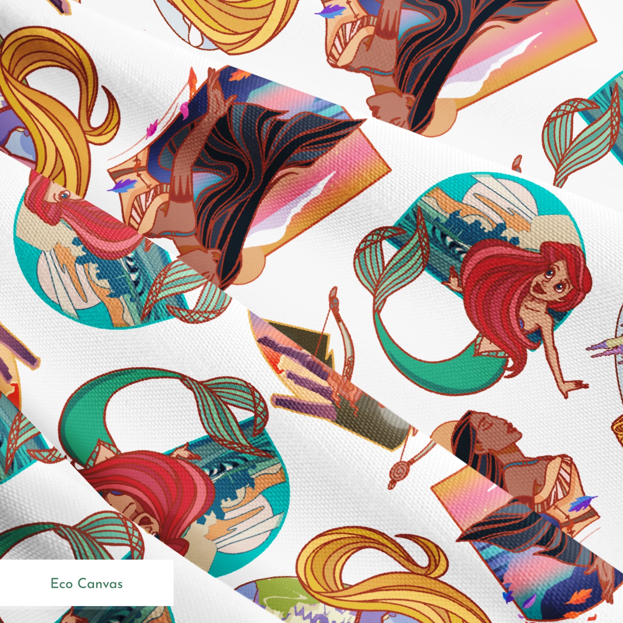 Colorful illustrated pattern of Disney princesses with curved decorative elements on white background springs ecocanvas texture