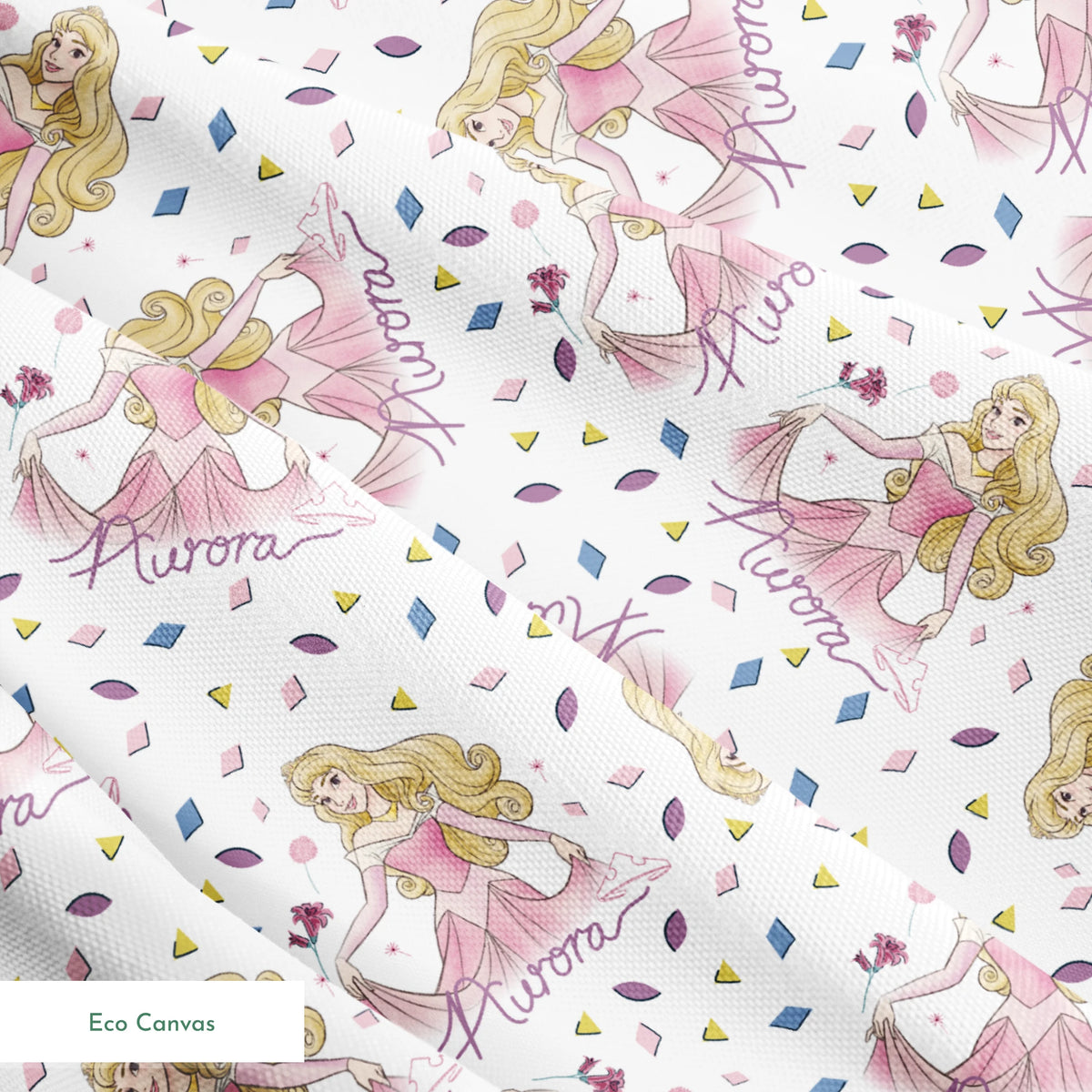 Pattern of Sleeping Beauty, surrounded by colorful diamond shapes on white background springs ecocanvas texture
