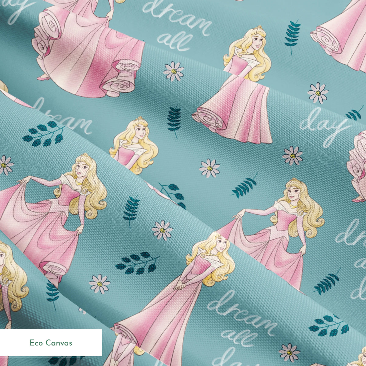 Sleeping Beauty pattern with "dream all day" text on teal background with floral elements springs ecocanvas texture