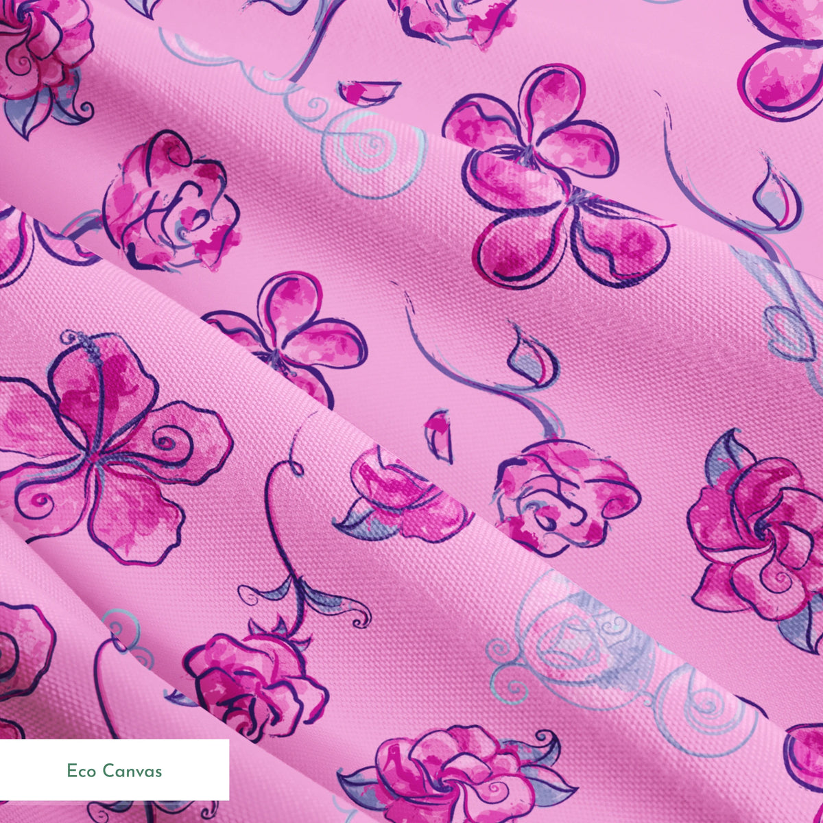 Whimsical Cinderella pattern of purple flowers, roses, and glass slipper outlines on pink background springs ecocanvas texture