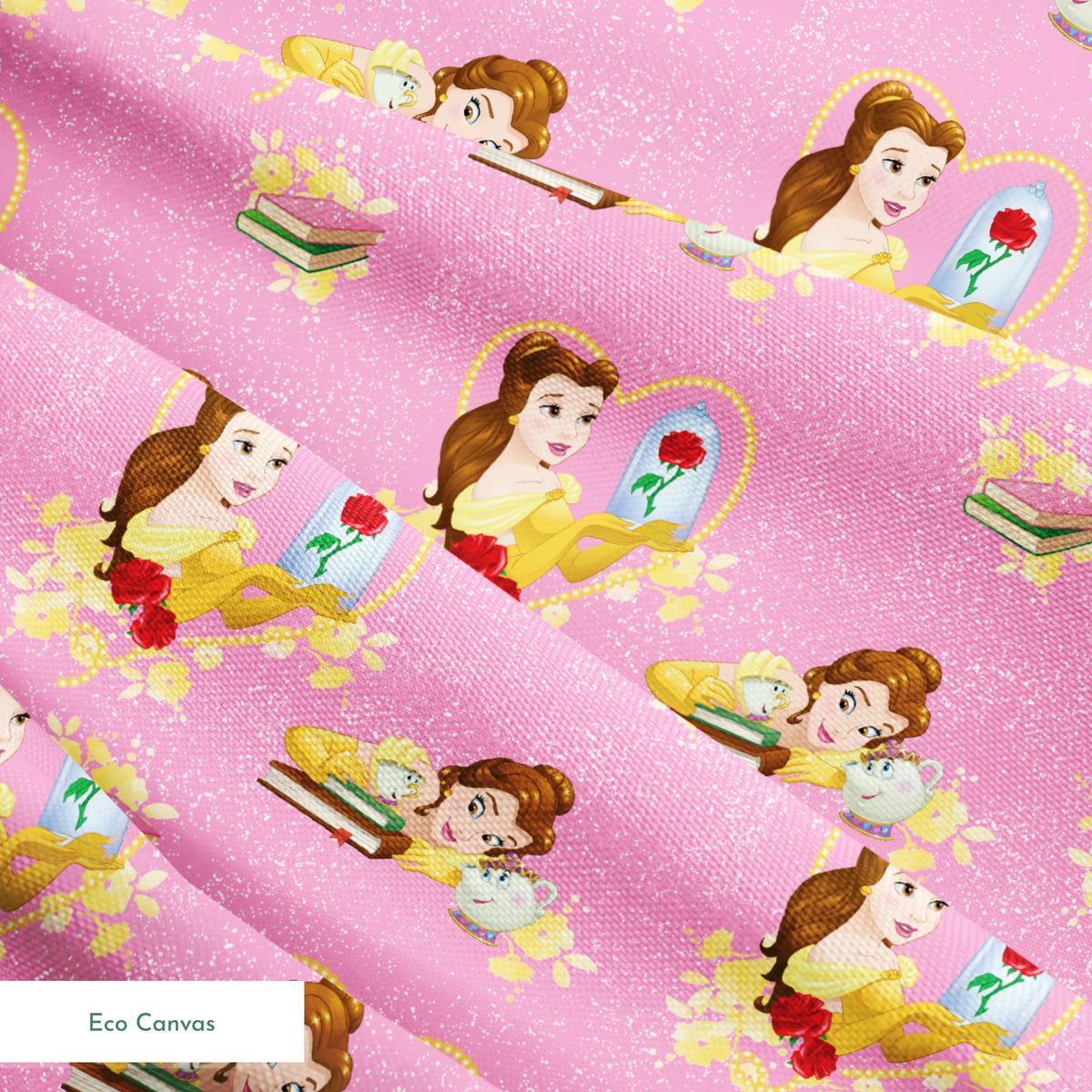 Repeating pattern of Disney's Belle character with enchanted rose and books on pink sparkly background springs ecocanvas texture