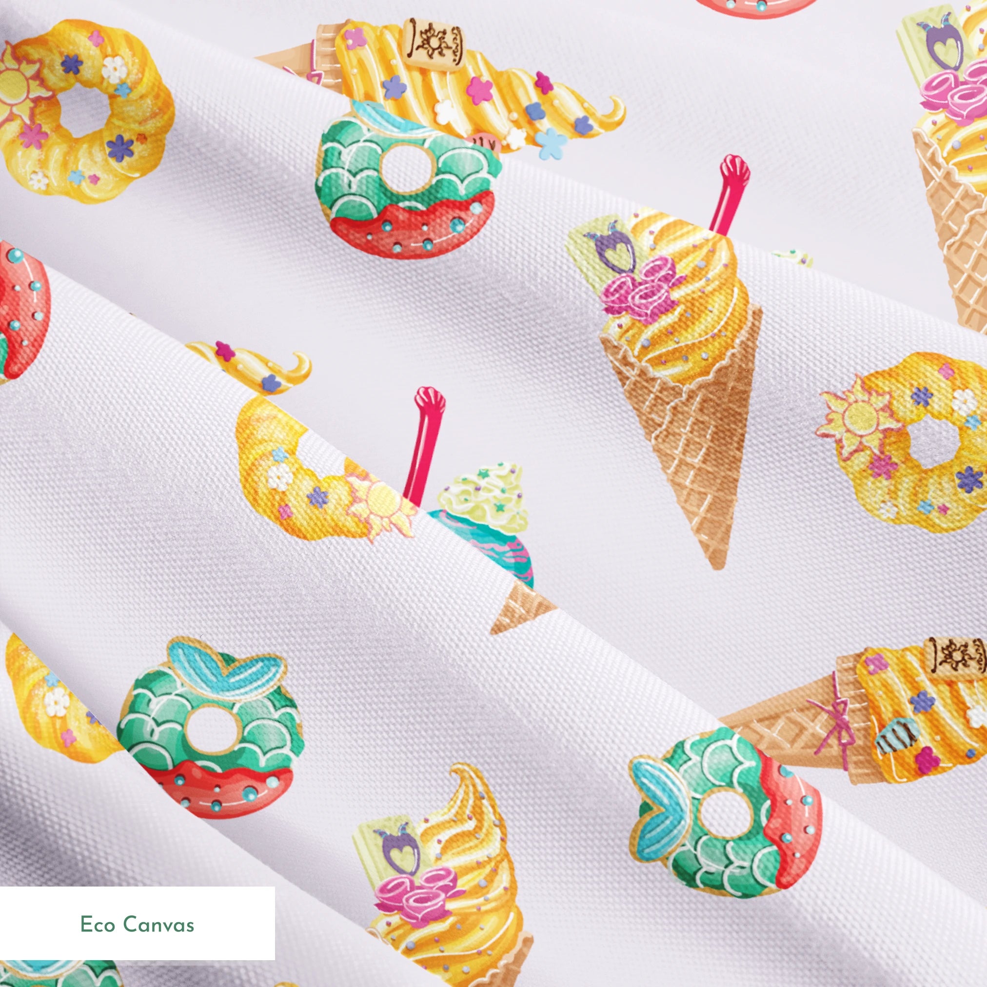 Colorful Disney Princess-inspired ice cream cones and donuts in pastel colors on light purple background springs ecocanvas texture