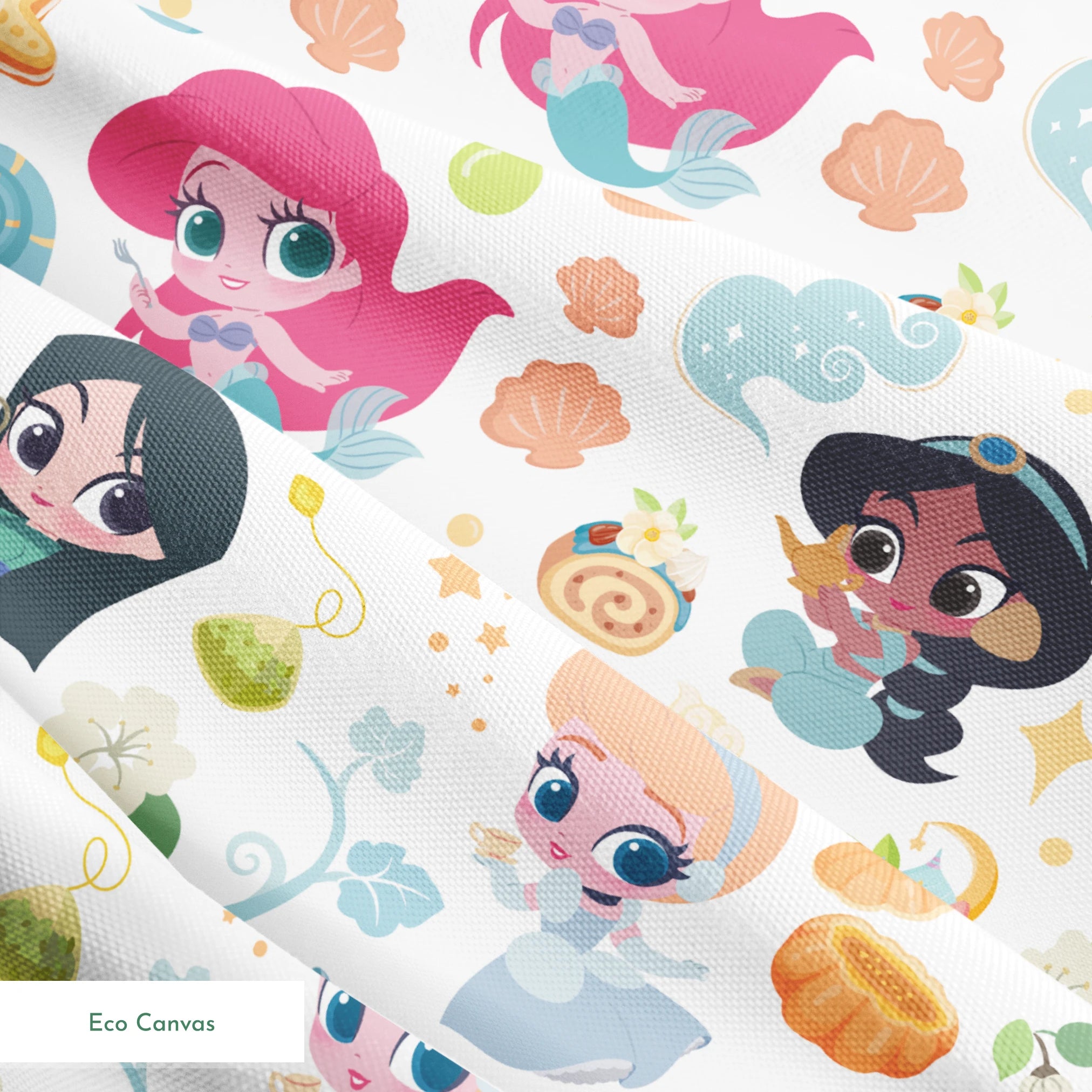 Disney Princess pattern with iconic characters, teapots, shells, sweets and gift boxes on white background springs ecocanvas texture