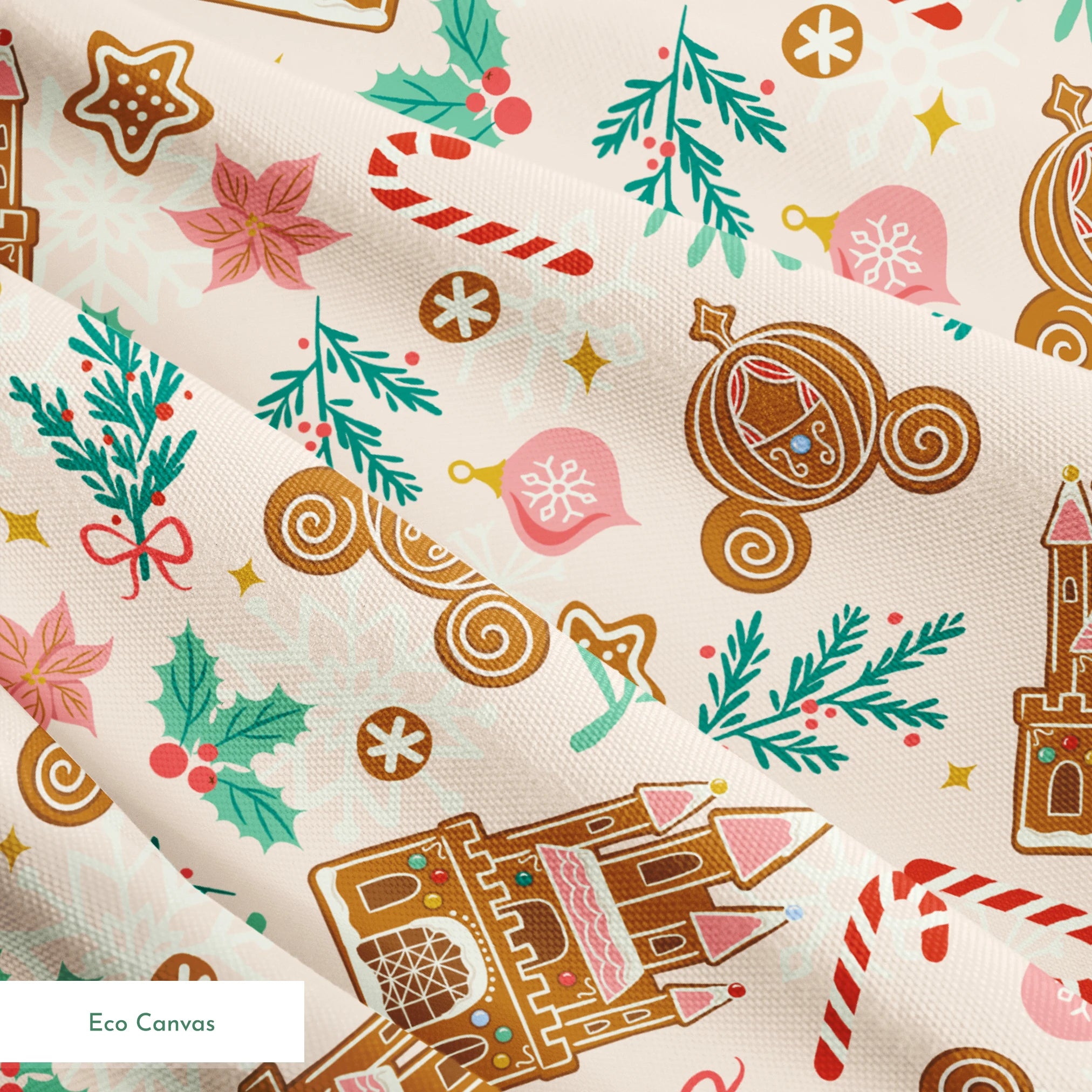 Disney Christmas pattern with gingerbread castles, carriages, candy canes, stars, and pine sprigs in holiday colors springs ecocanvas texture