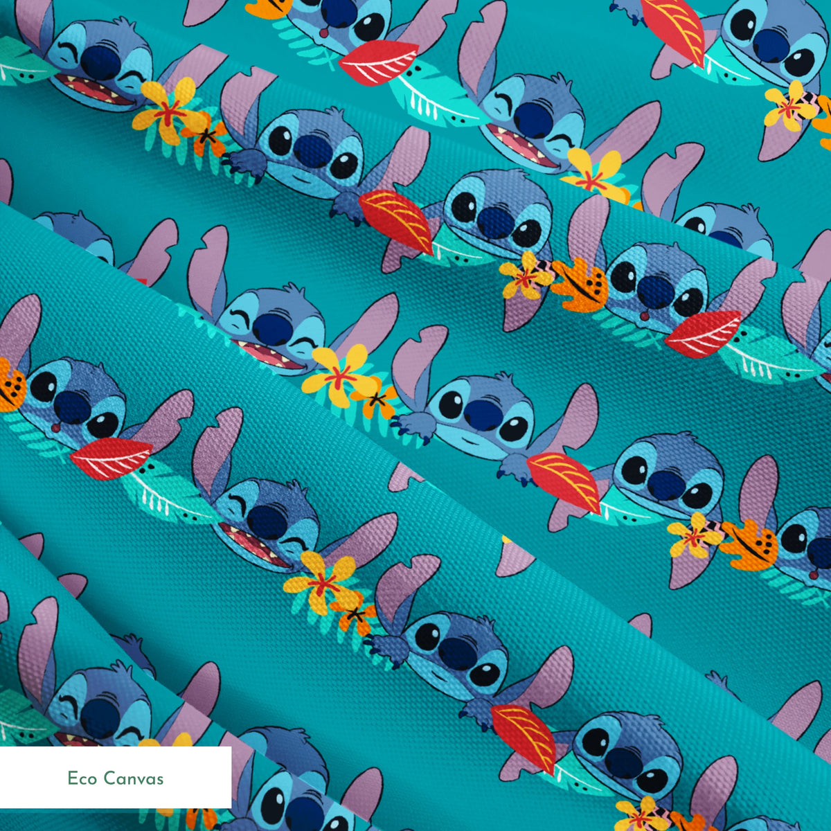 Repeating stripe design with Disney’s Stitch peeking between rows of tropical hibiscus flowers and colorful leaves on a teal background. springs ecocanvas texture
