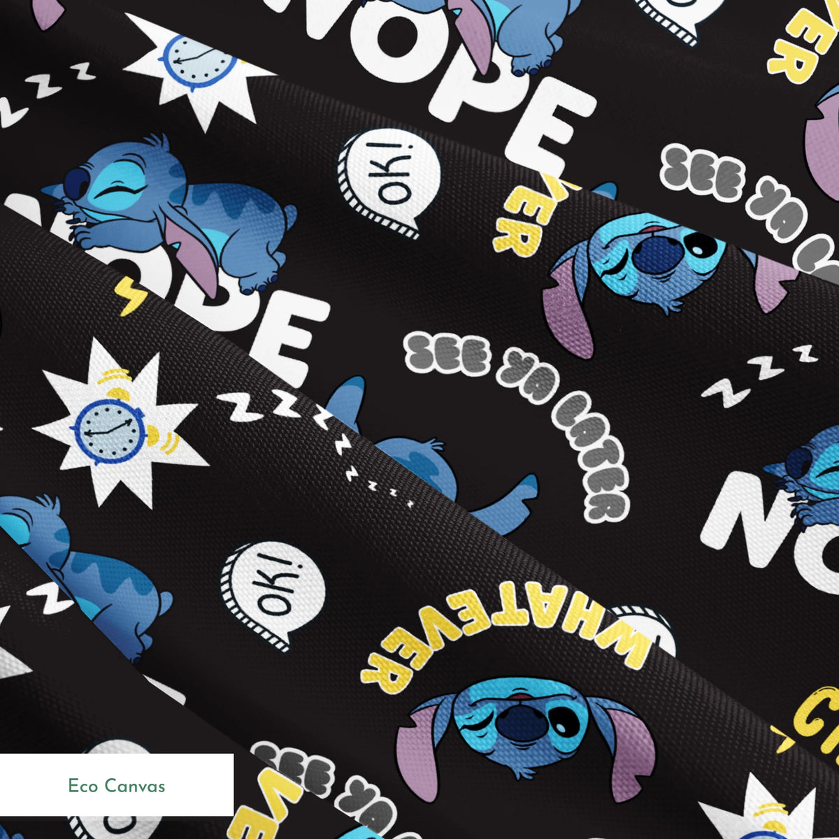 Disney Stitch pattern on black background with text "NOPE," "CHILL," "OK!" and sleep symbols springs ecocanvas texture