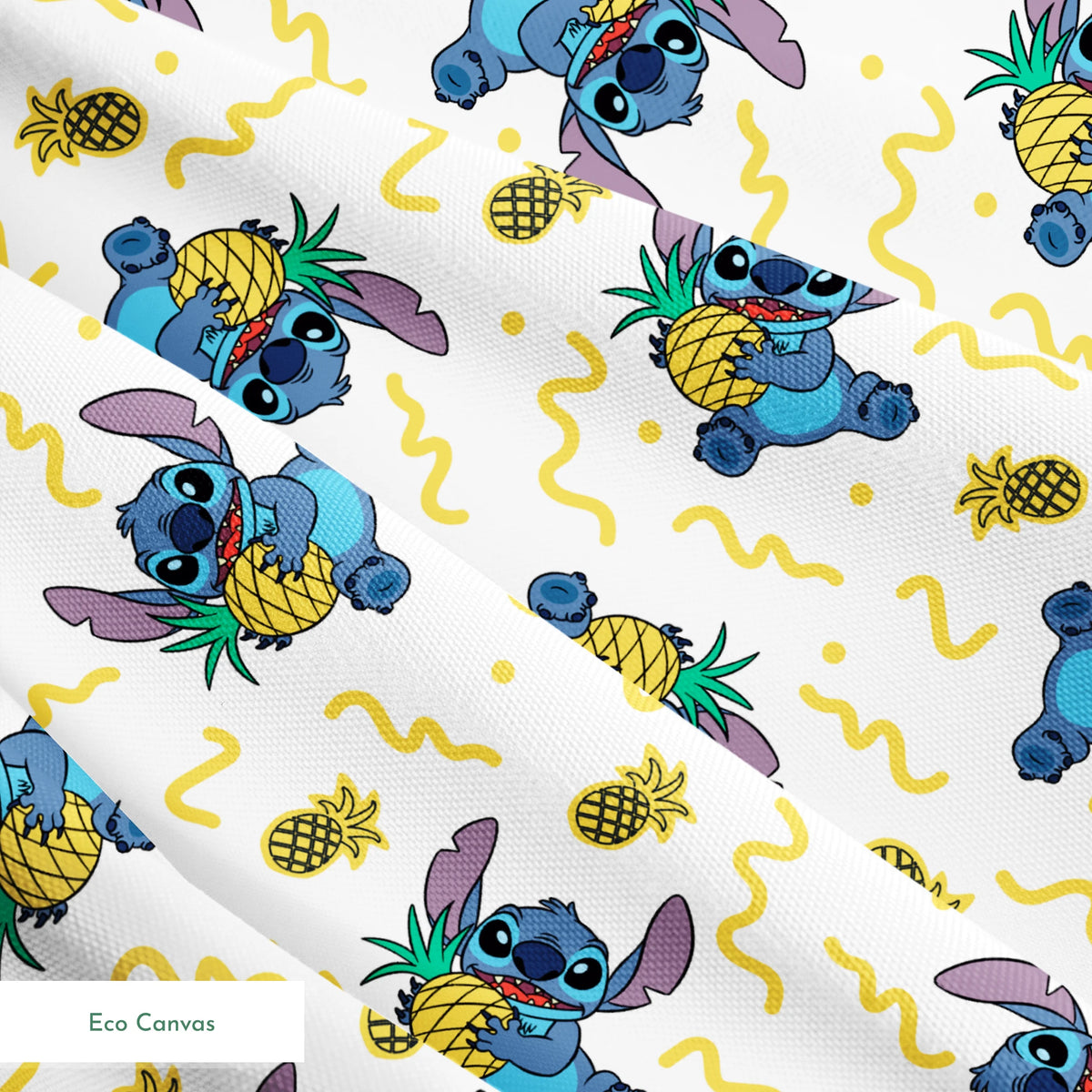 Disney's Stitch holding pineapples with yellow squiggly lines on white background pattern springs ecocanvas texture