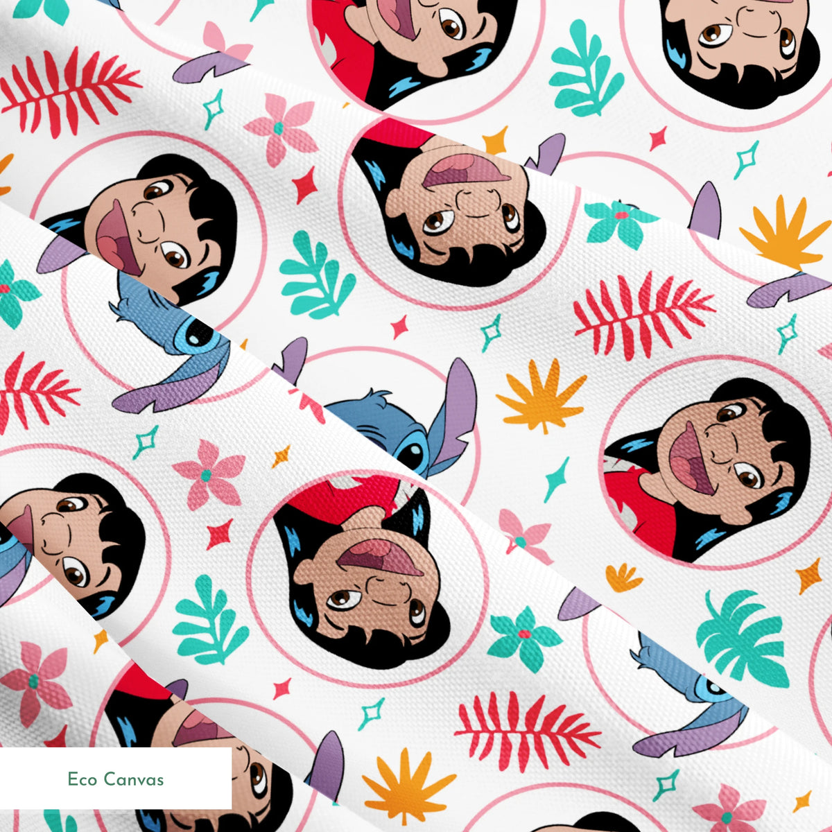 Colorful cartoon pattern with Lilo and Stitch in circles, surrounded by tropical leaves and stars springs ecocanvas texture