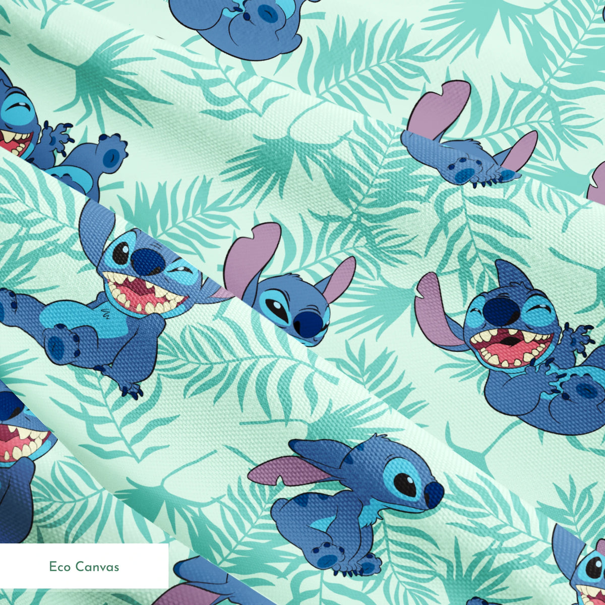 Blue cartoon alien character Stitch in various playful poses against mint green tropical leaf pattern background springs ecocanvas texture