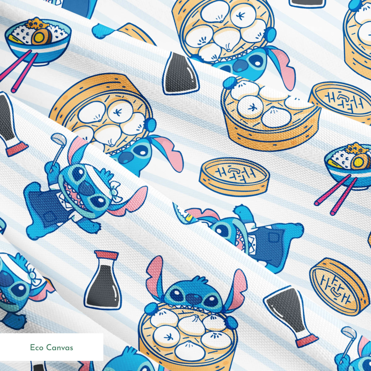 Cartoon Stitch with Chinese dim sum and dumplings on light blue striped background springs ecocanvas texture