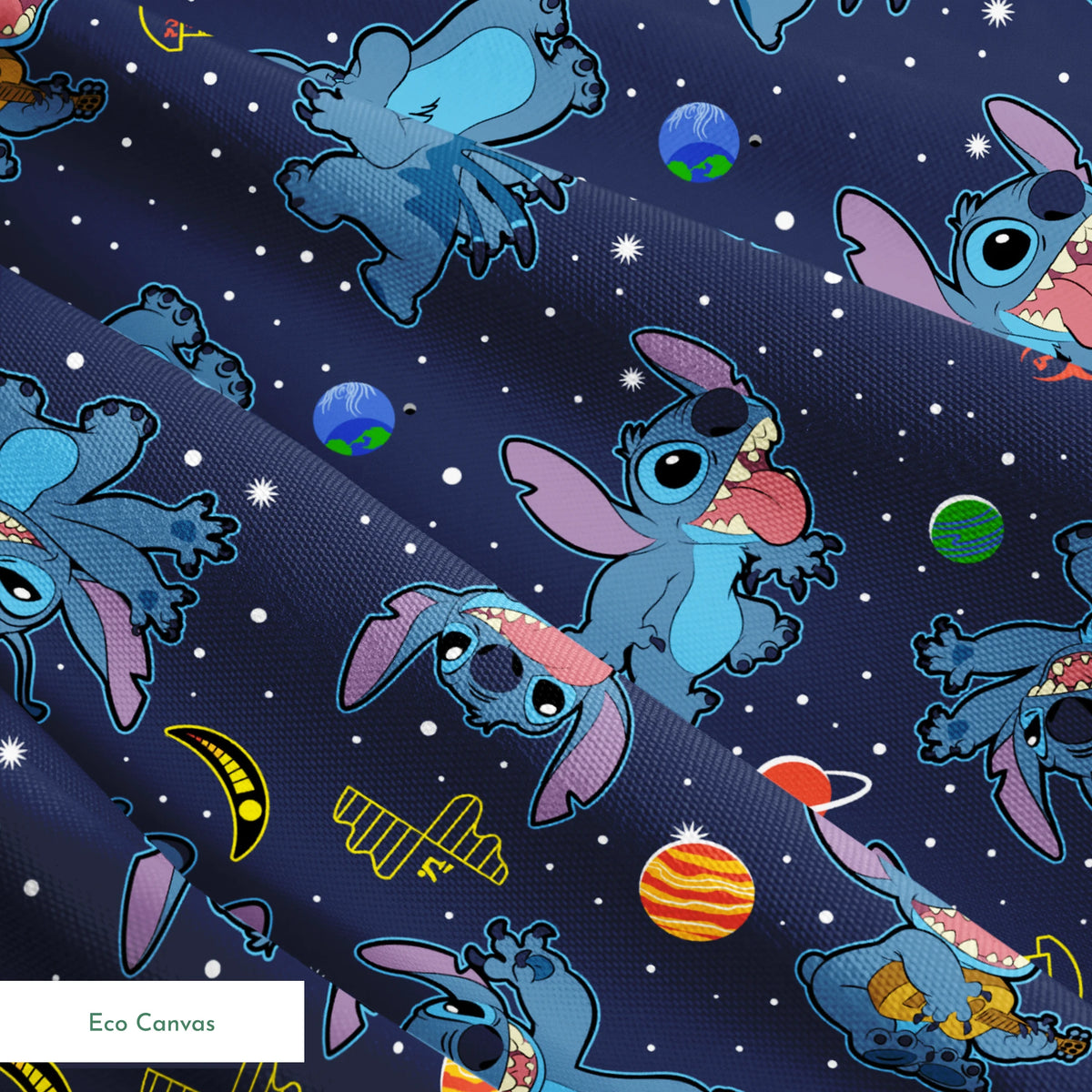 Disney's Stitch floating in space with planets, stars, and spaceships on dark background pattern springs ecocanvas texture