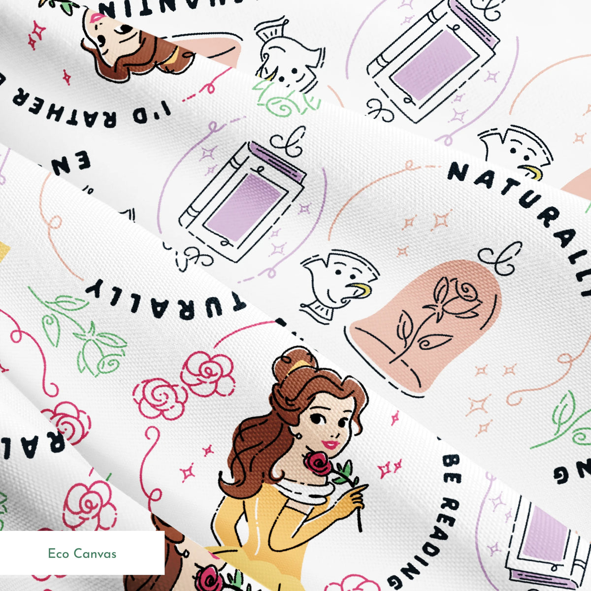 Pattern of cartoon princess in yellow dress with roses, perfume bottles, and phrases like "Enchanting" and "I'd rather be dreaming springs ecocanvas texture