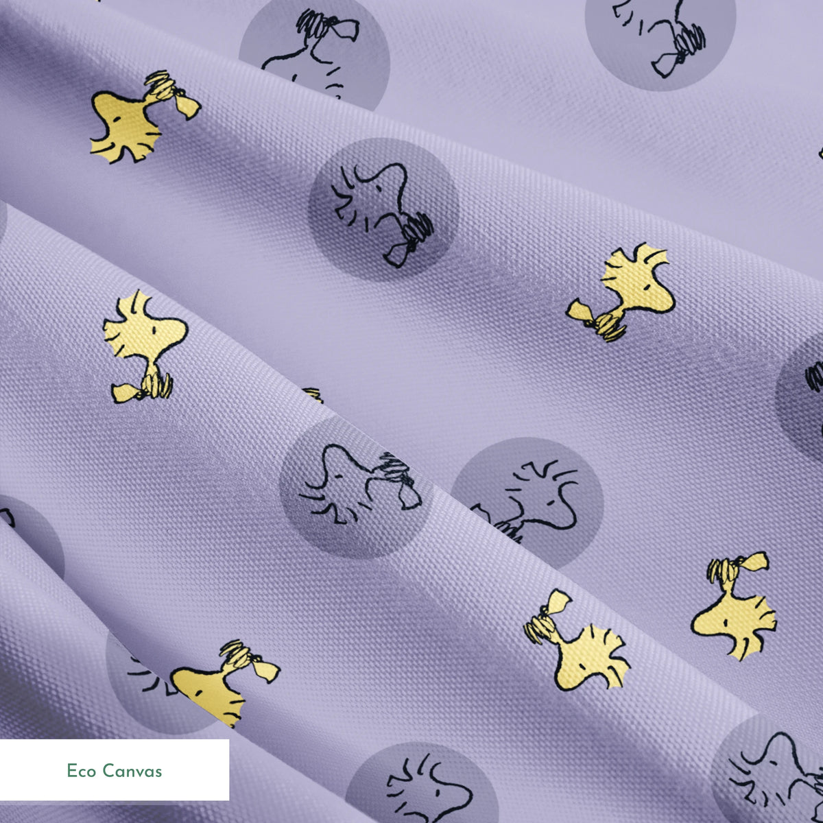 Woodstock alternating with gray circular silhouettes on purple background springs ecocanvas texture