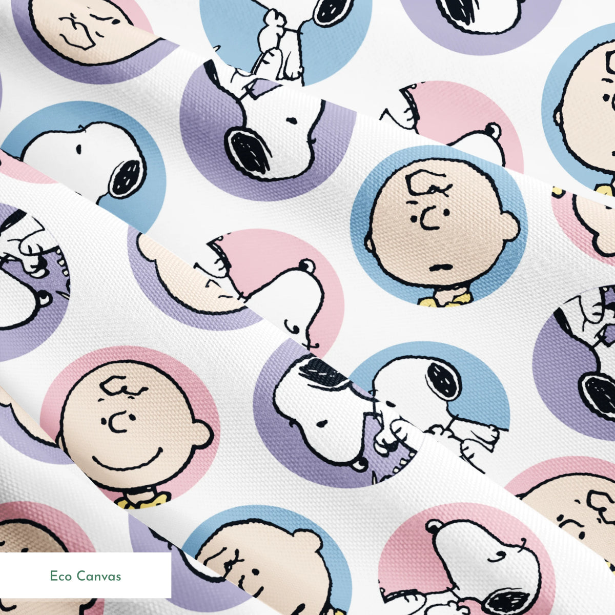 Peanuts cartoon pattern with Charlie Brown and Snoopy circular portraits in pink, blue and purple springs ecocanvas texture