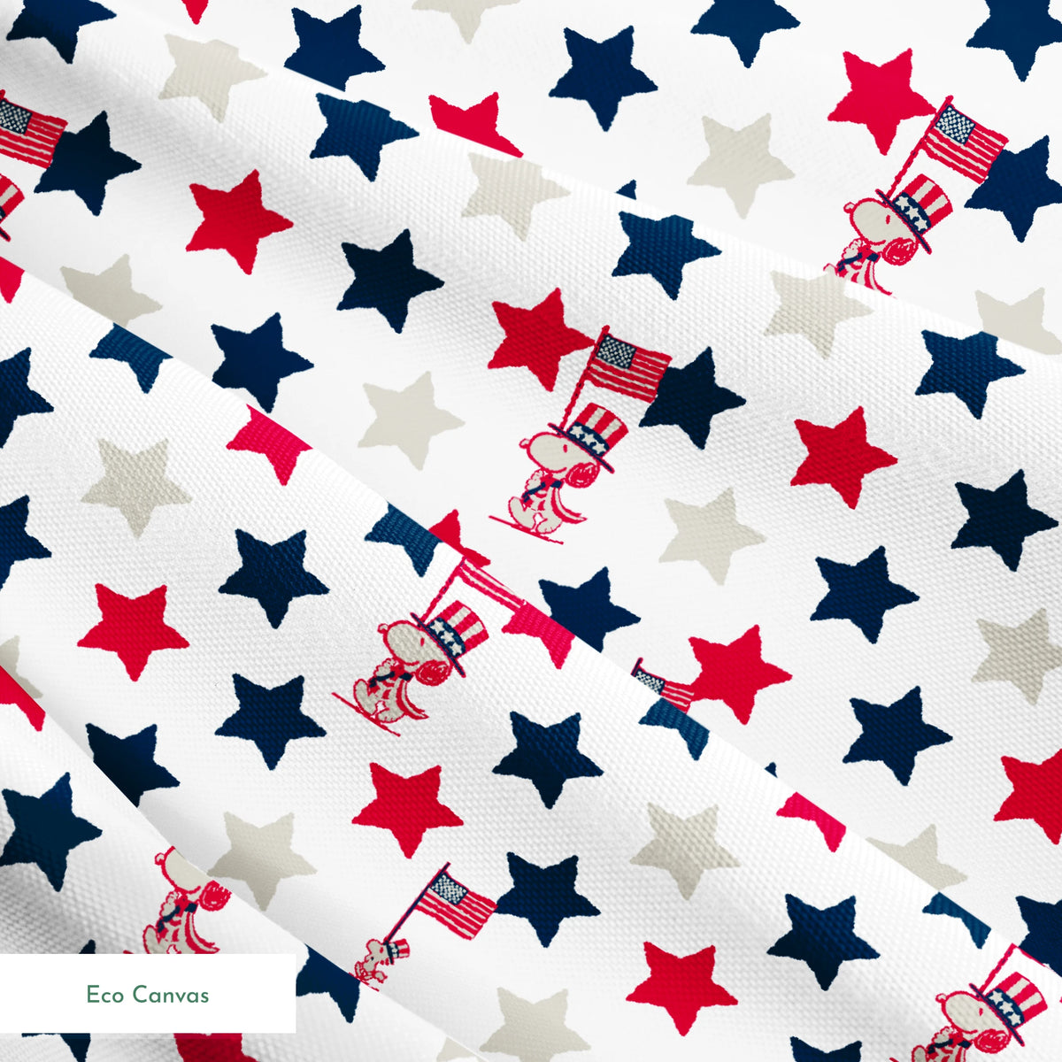 Peanuts Patriotic pattern with red, white, and blue stars alongside American flag poles on white background springs ecocanvas texture