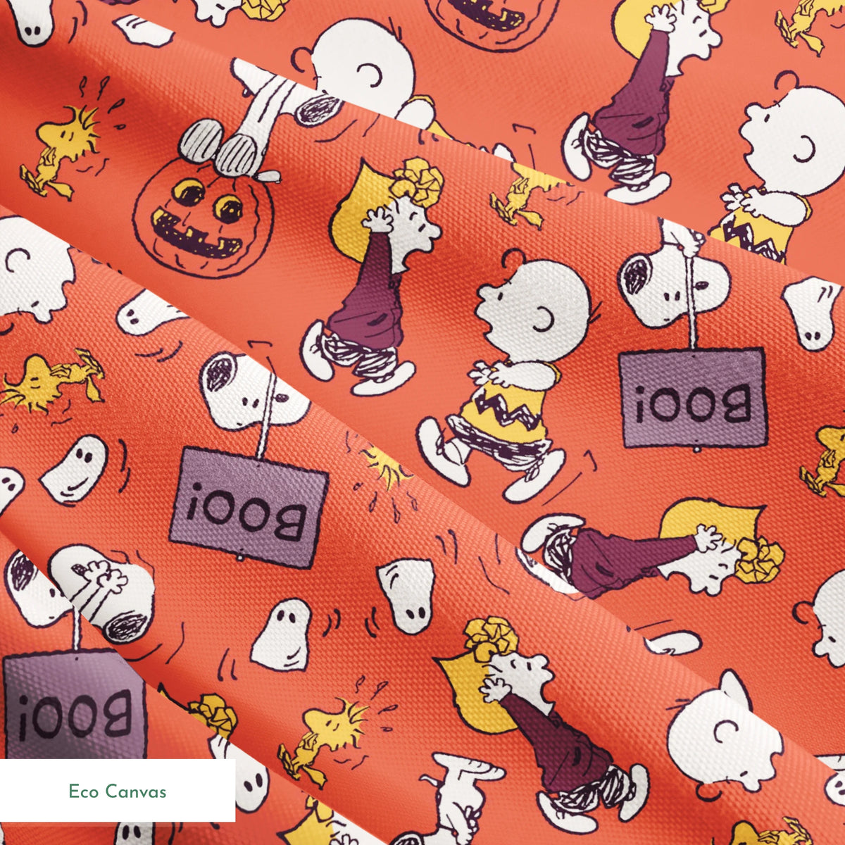 Snoopy and Woodstock Halloween pattern on orange background with pumpkins, ghosts, and "boo" text springs ecocanvas texture