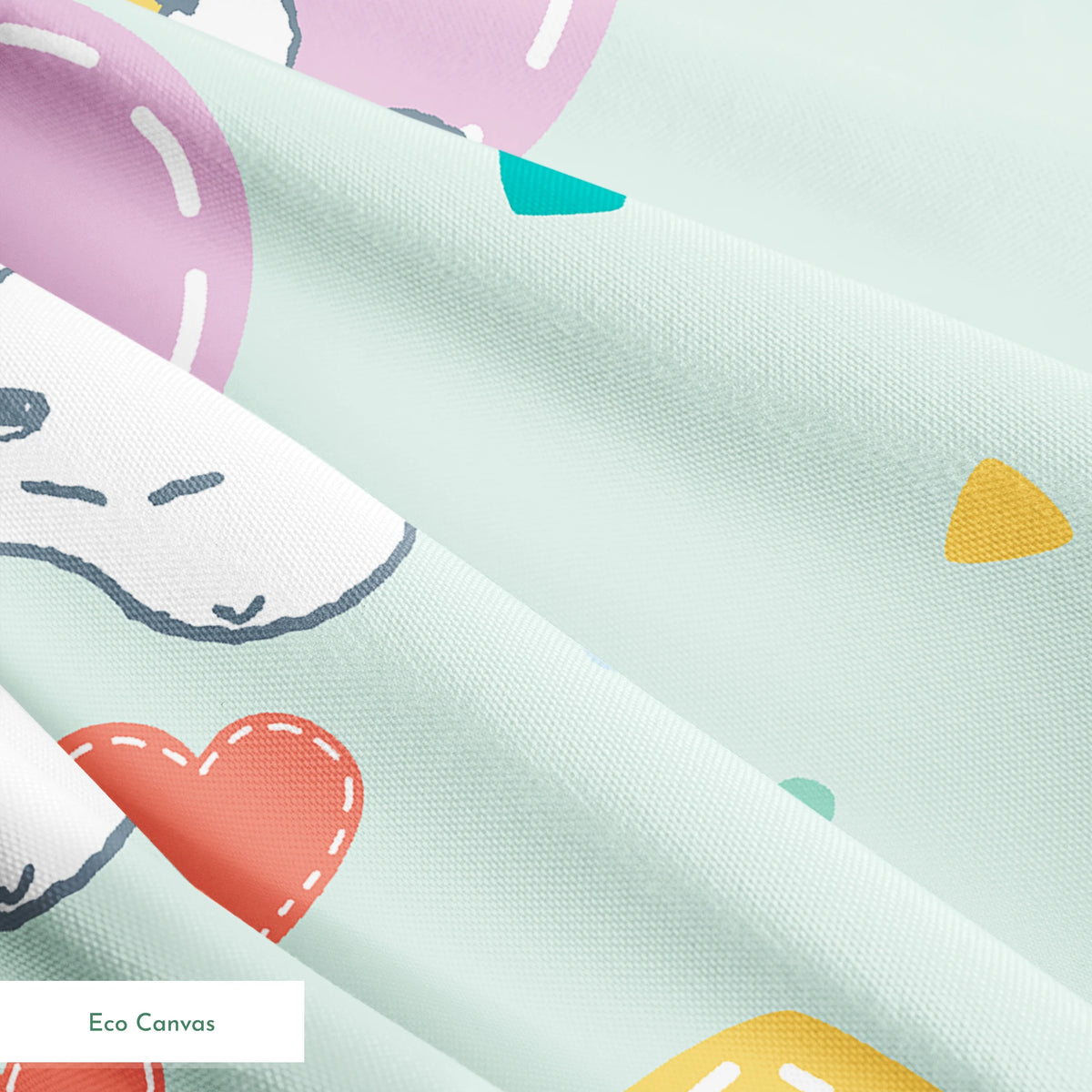 Cartoon Snoopy pattern with colorful hearts on mint green background, featuring different Snoopy poses springs ecocanvas texture