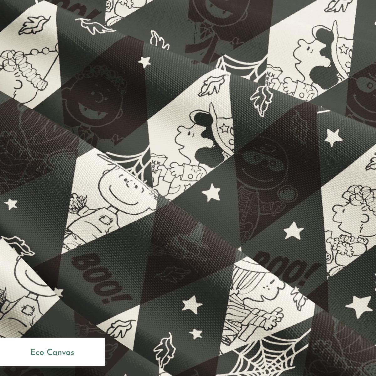 Diamond pattern with Peanuts characters and Halloween motifs in black and cream, featuring spider webs, stars, and "BOO!" text. springs ecocanvas texture