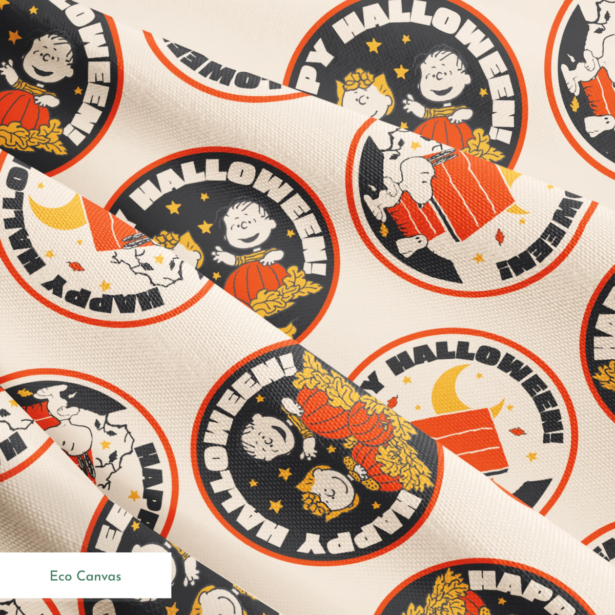 Peanuts Halloween pattern with circular badges featuring characters and "Happy Halloween" text on beige background springs ecocanvas texture