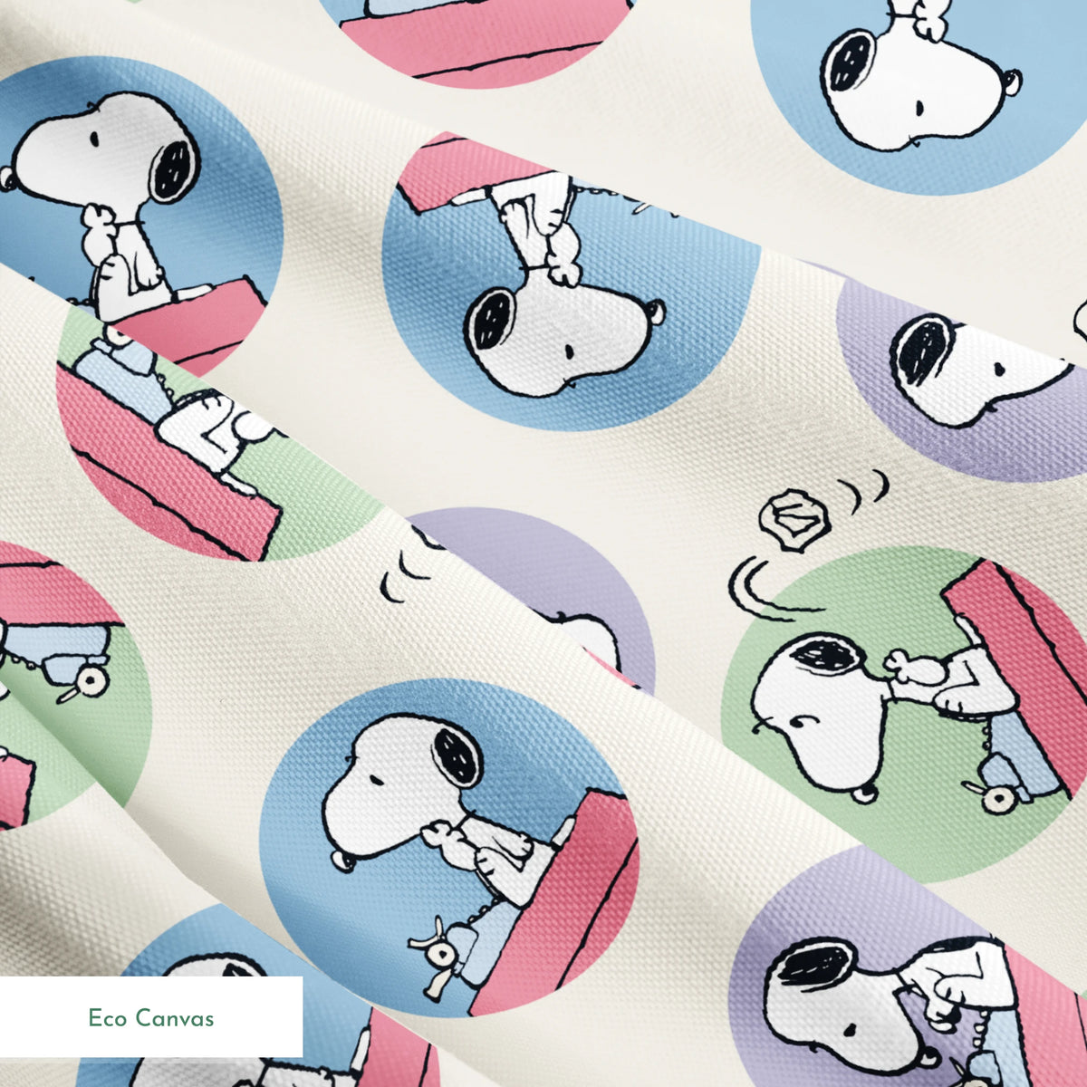 Cartoon Snoopy pattern with the beagle character in circular frames of blue, green, and purple backgrounds springs ecocanvas texture