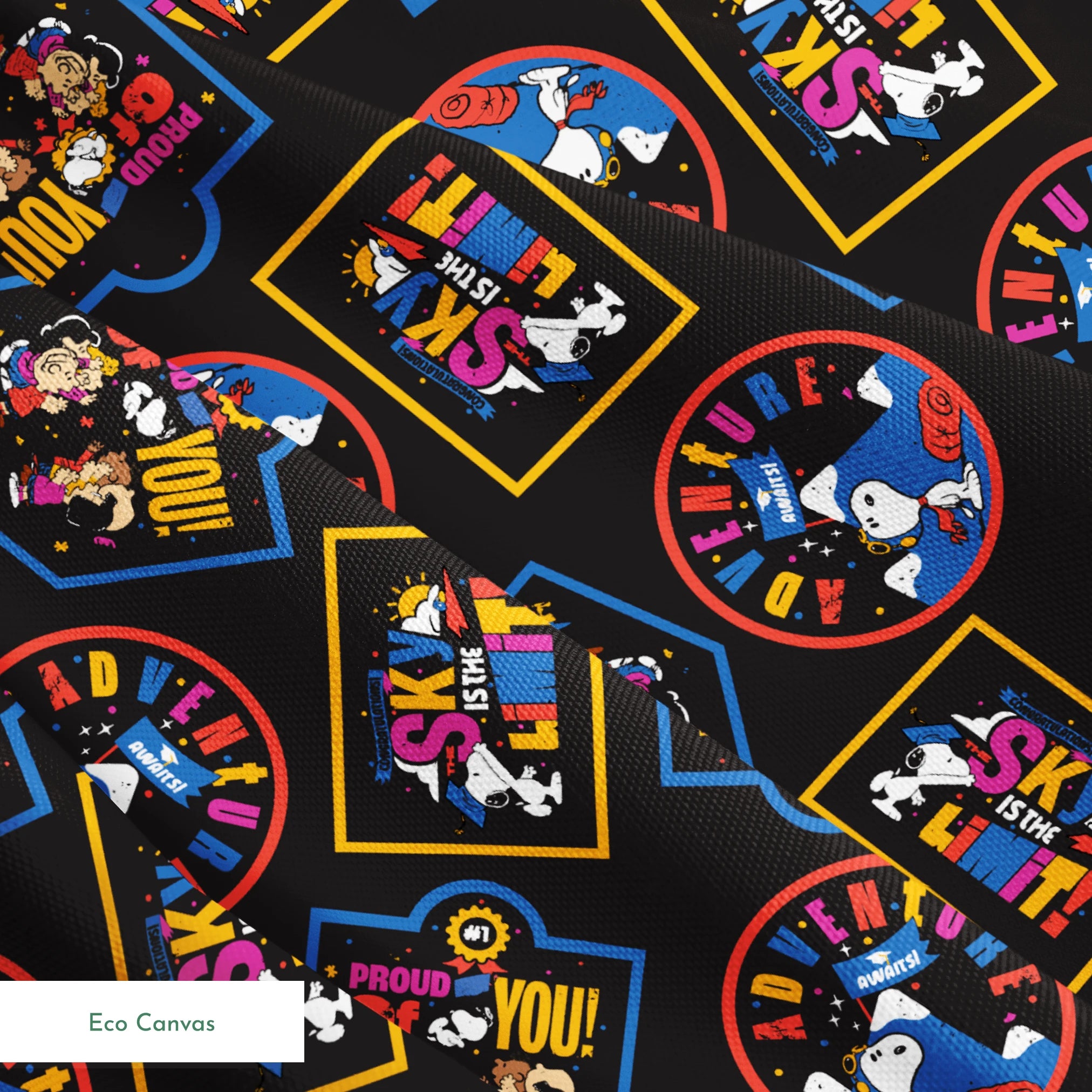 Colorful Peanuts character patches in various shapes on black background, featuring animated figures in vibrant colors springs ecocanvas texture